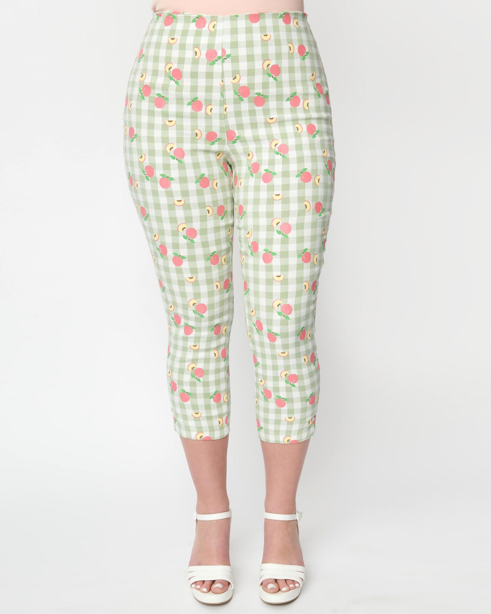 Unique Vintage Light Green Gingham & Peaches Rachelle Capri Pants | Green, Gingham