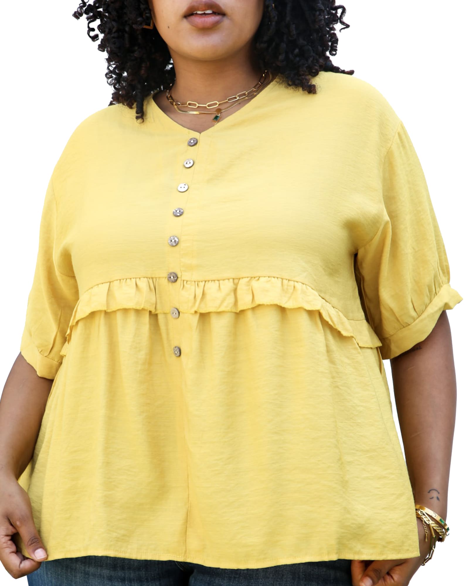 Button-Up Front Ruffle Solid Color Blouse | Yellow