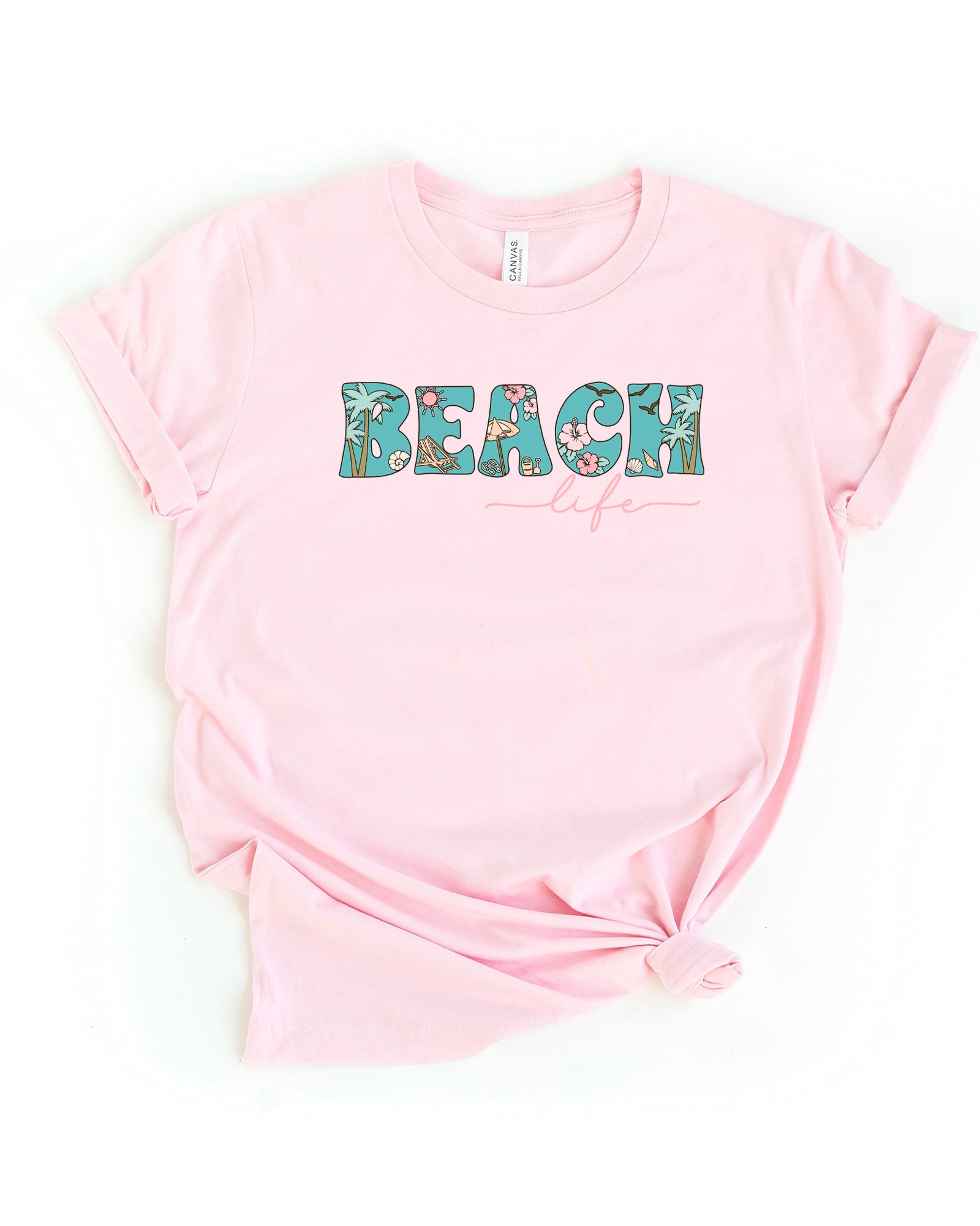 Beach Life Colorful Short Sleeve Graphic Tee | Pink
