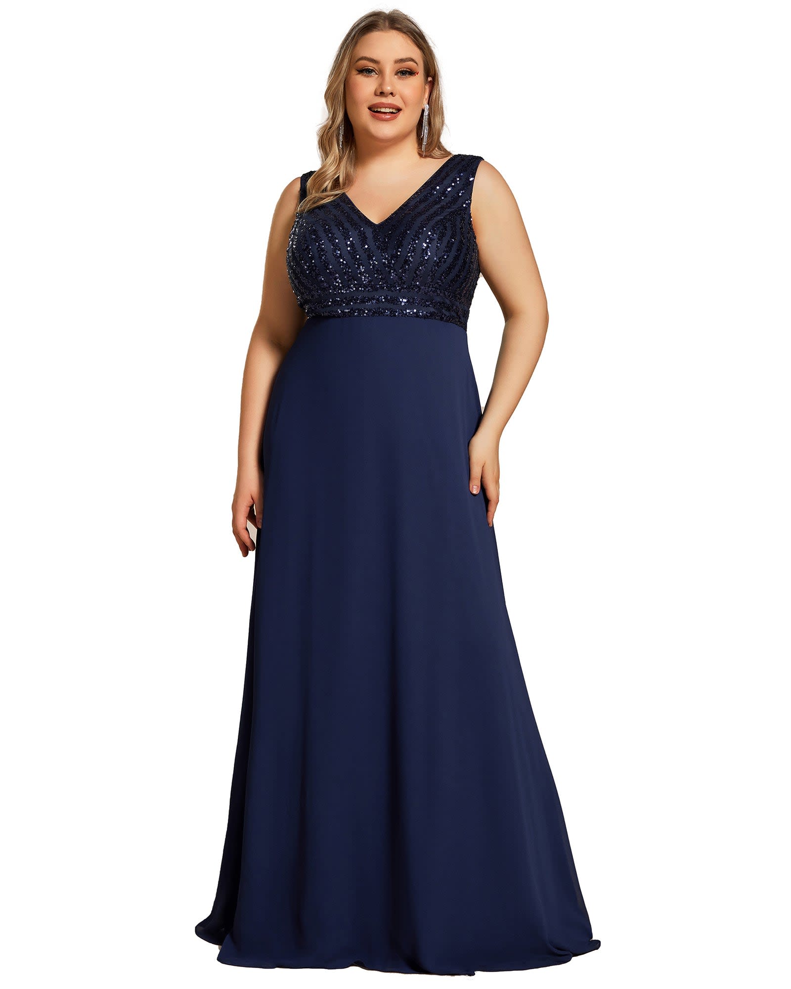 Sequin Sleeveless Double V-Neck Formal Evening Dress | Navy Blue