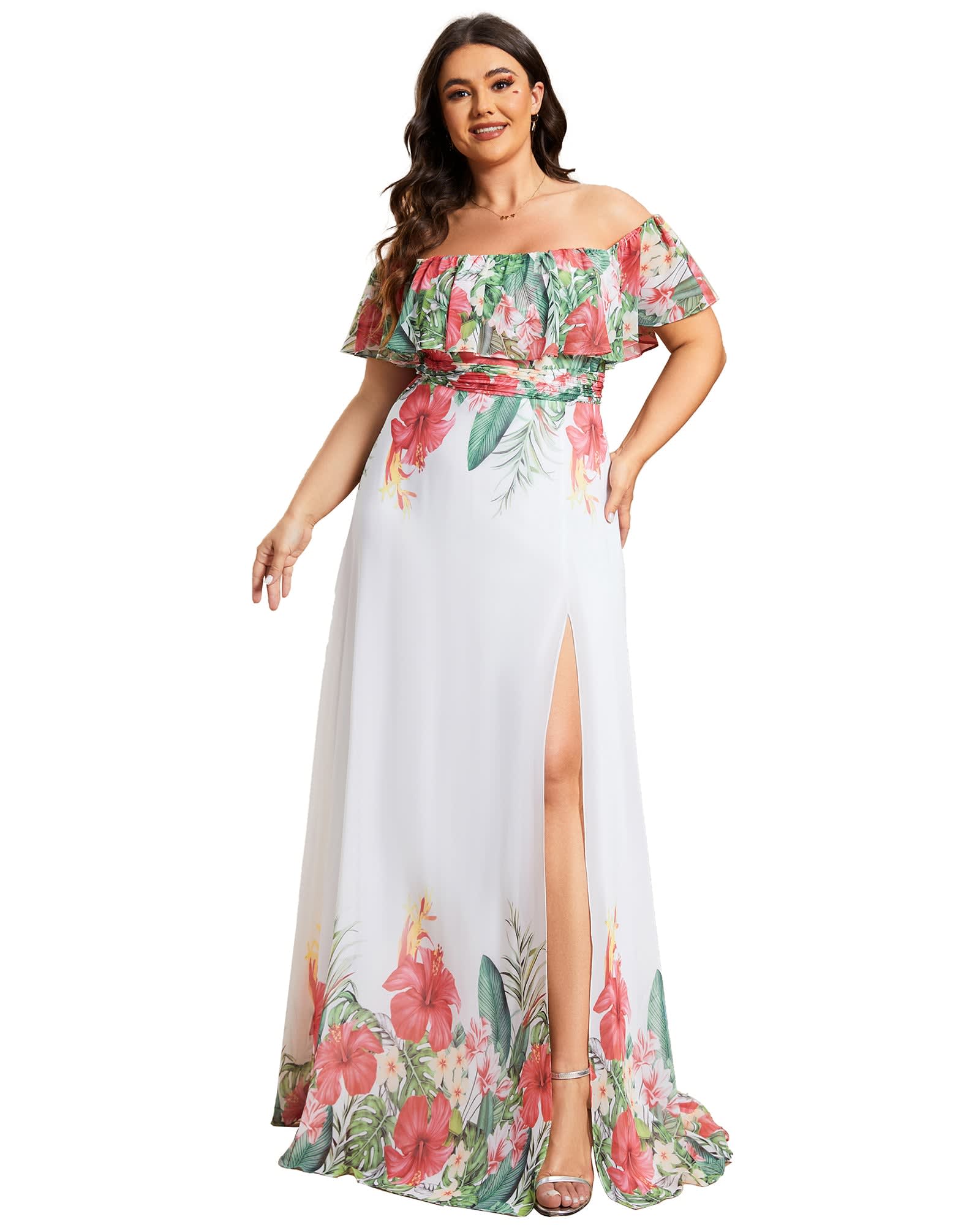 Summer Printed Chiffon Off the Shoulder A-Line Evening Dress | White Red