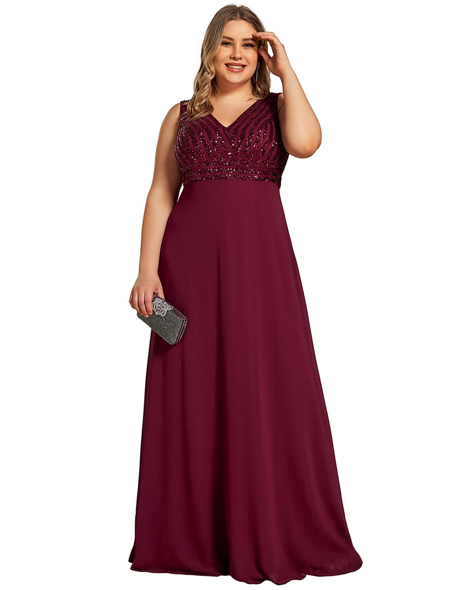 Sequin Sleeveless Double V-Neck Formal Evening Dress | Burgundy