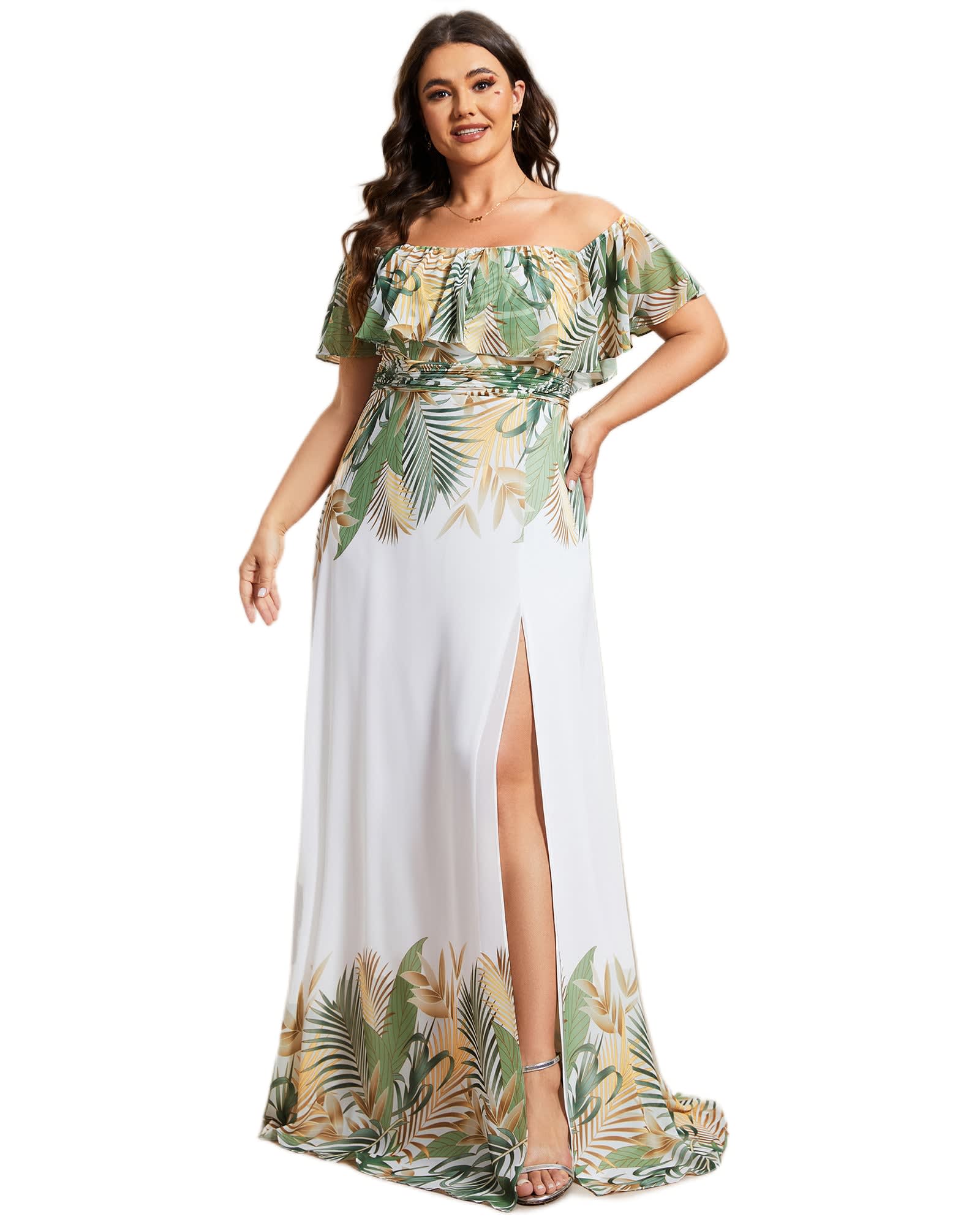 Summer Printed Chiffon Off the Shoulder A-Line Evening Dress | White Green