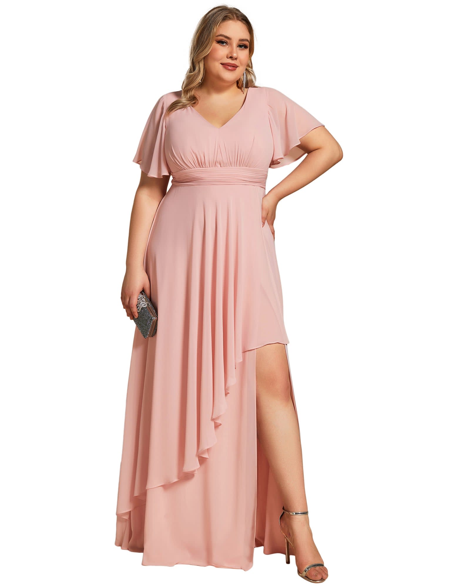 Floral Applique Sleeveless Chiffon Long Formal Evening Dress | Pink