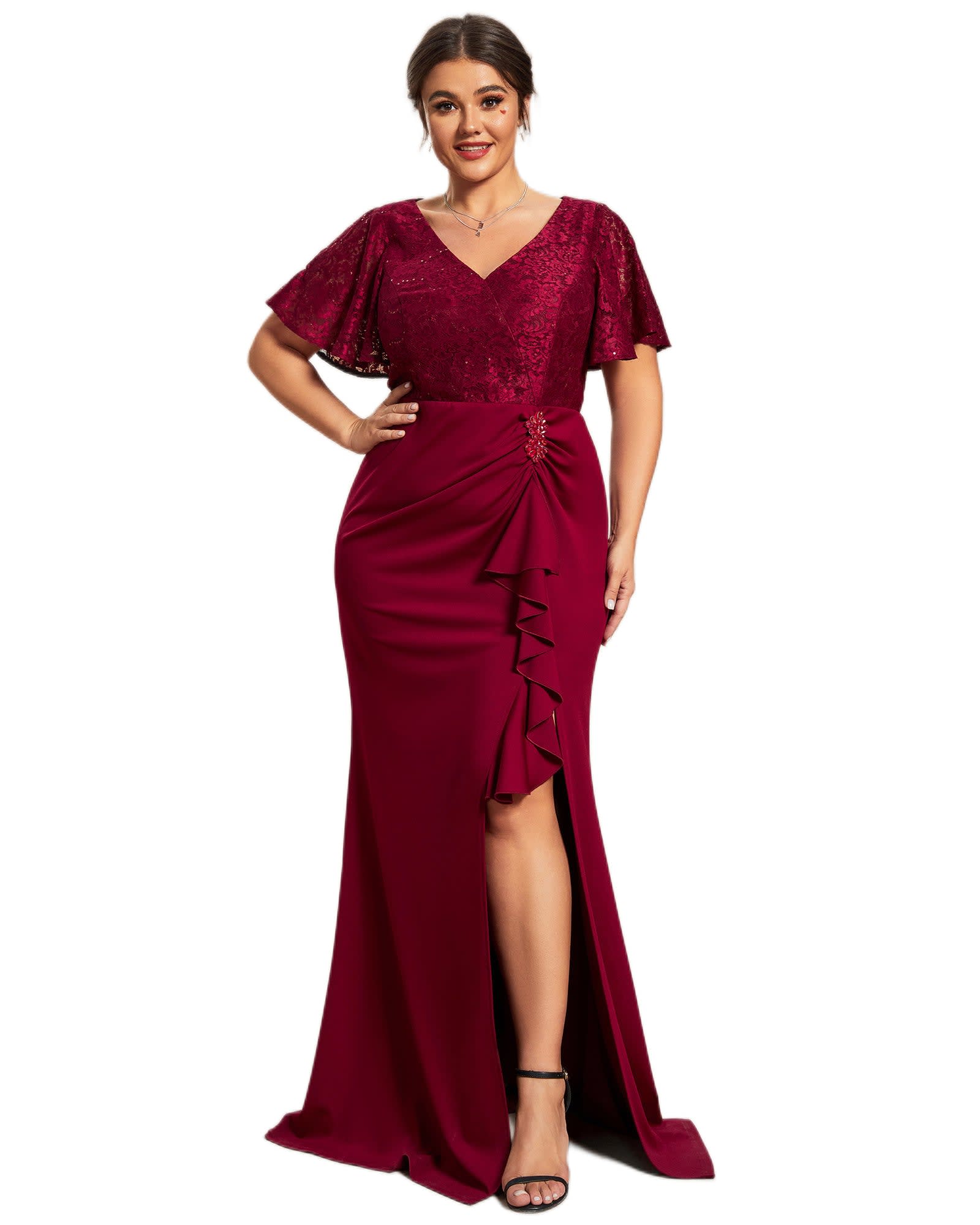 Lotus Leaf Hemline Bodycon Lace Top Mother of the Bride Dress | Burgundy