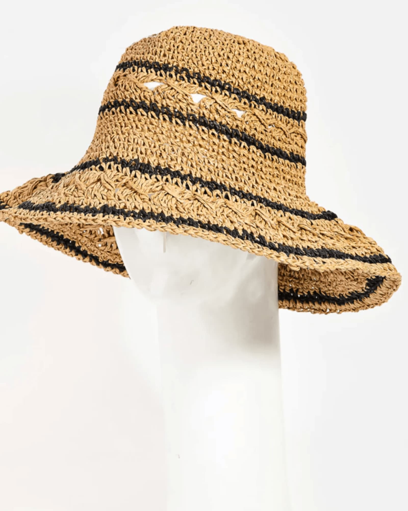 Crochet Stripe Straw Bucket Hat | KHAKI STRIPE