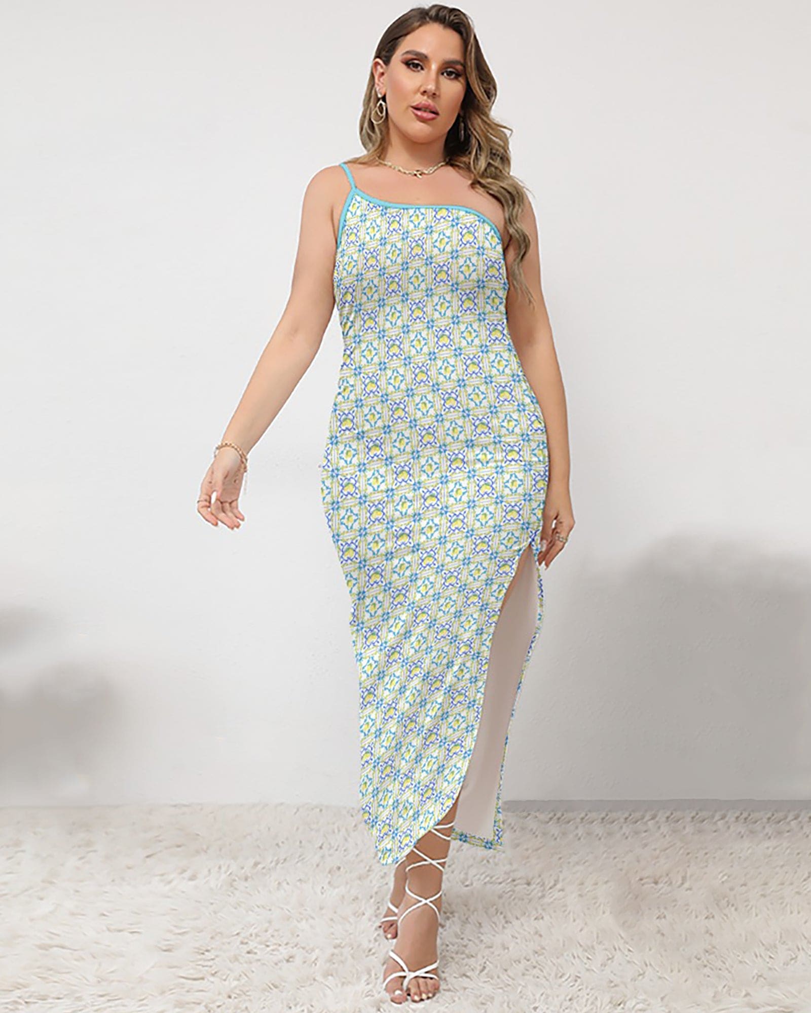 La Dolce Lemon Tile One-Shoulder Maxi Dress | White