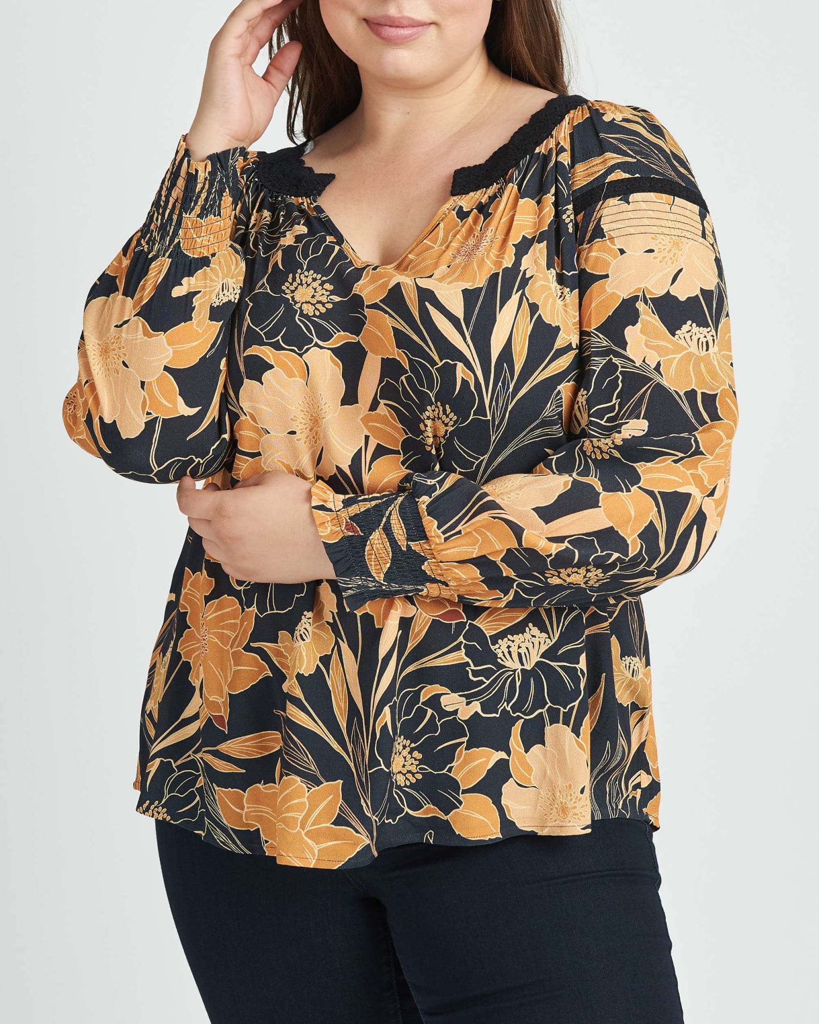 Samira Floral Long Sleeve Blouse | N053 BLACK