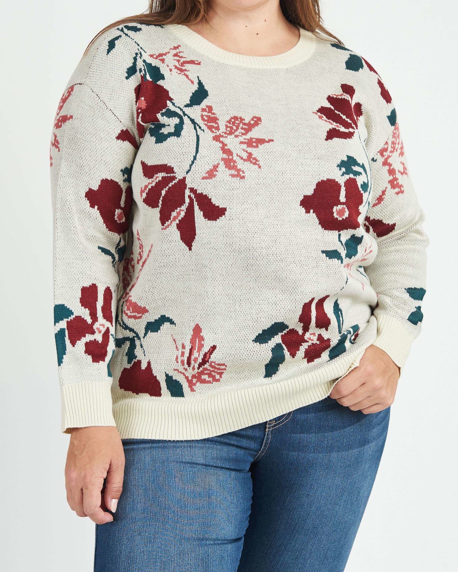 Casey Floral Knit Pullover Sweater | L490 Antique Ivory
