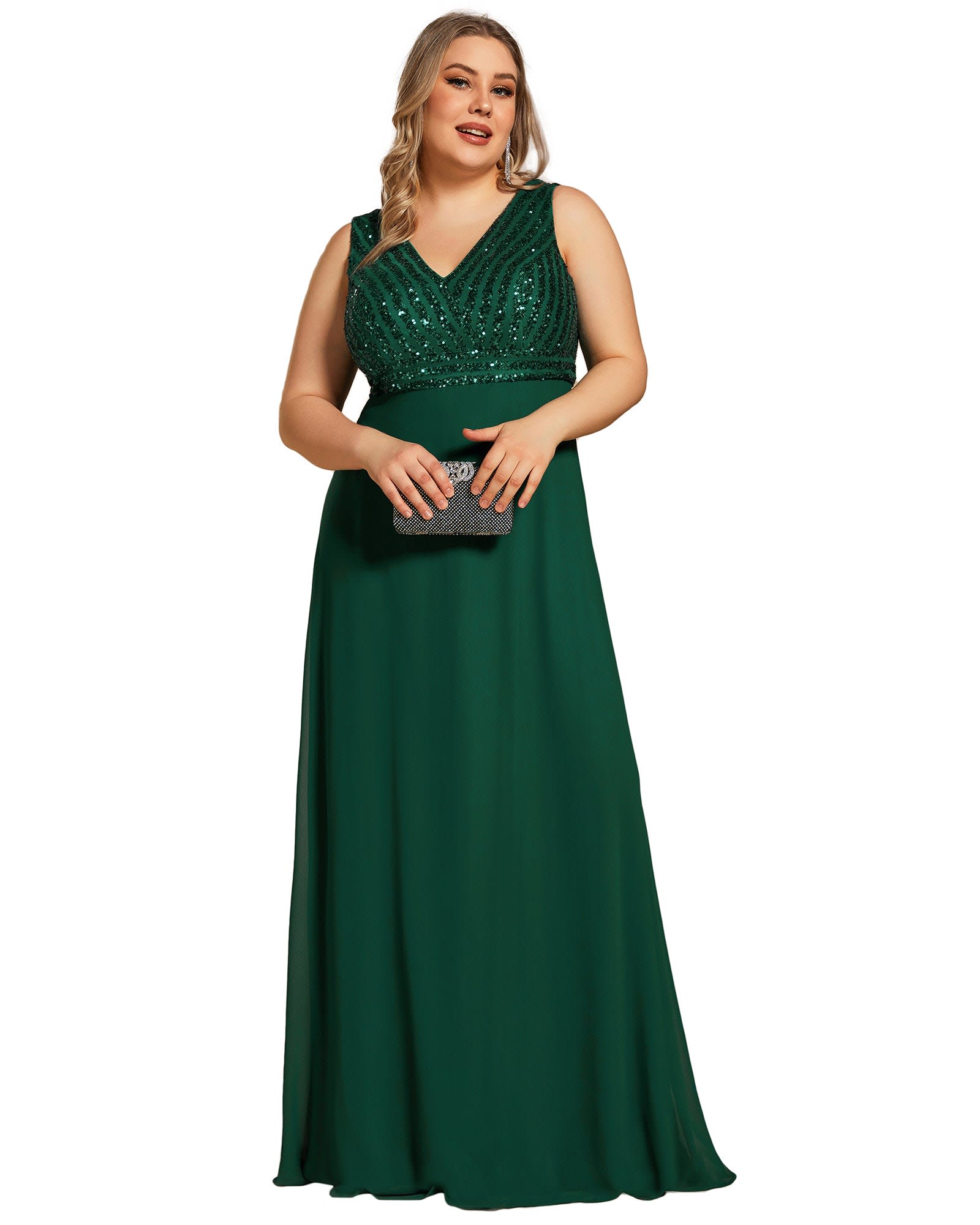 Sequin Sleeveless Double V-Neck Formal Evening Dress | Dark Green