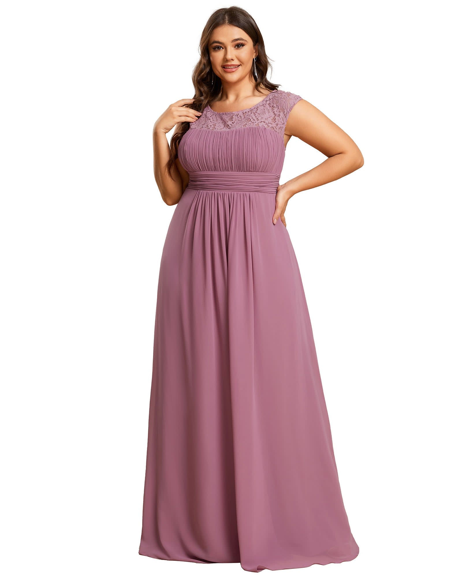 Elegant Chiffon Maxi Evening Dress with Lace Cap Sleeve | Purple Orchid