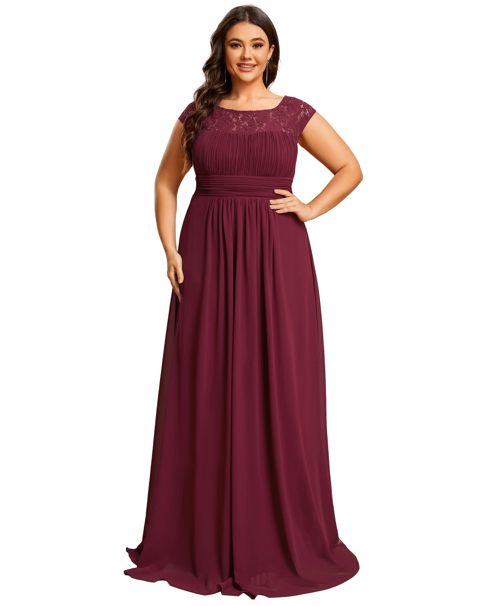 Elegant Chiffon Maxi Evening Dress with Lace Cap Sleeve | Burgundy