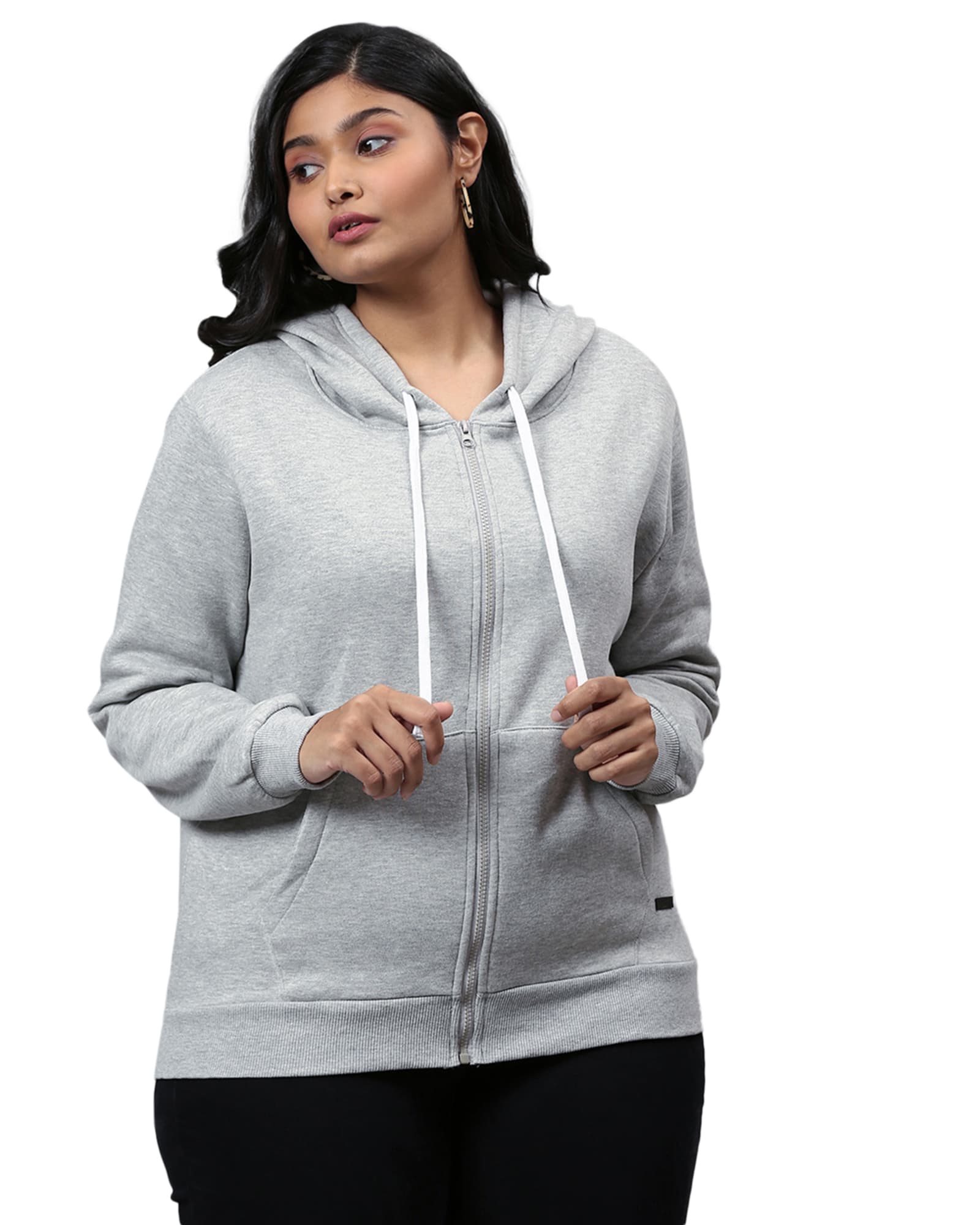 Solid Grey Front Zip Hooded Sweatshirt | Light Grey