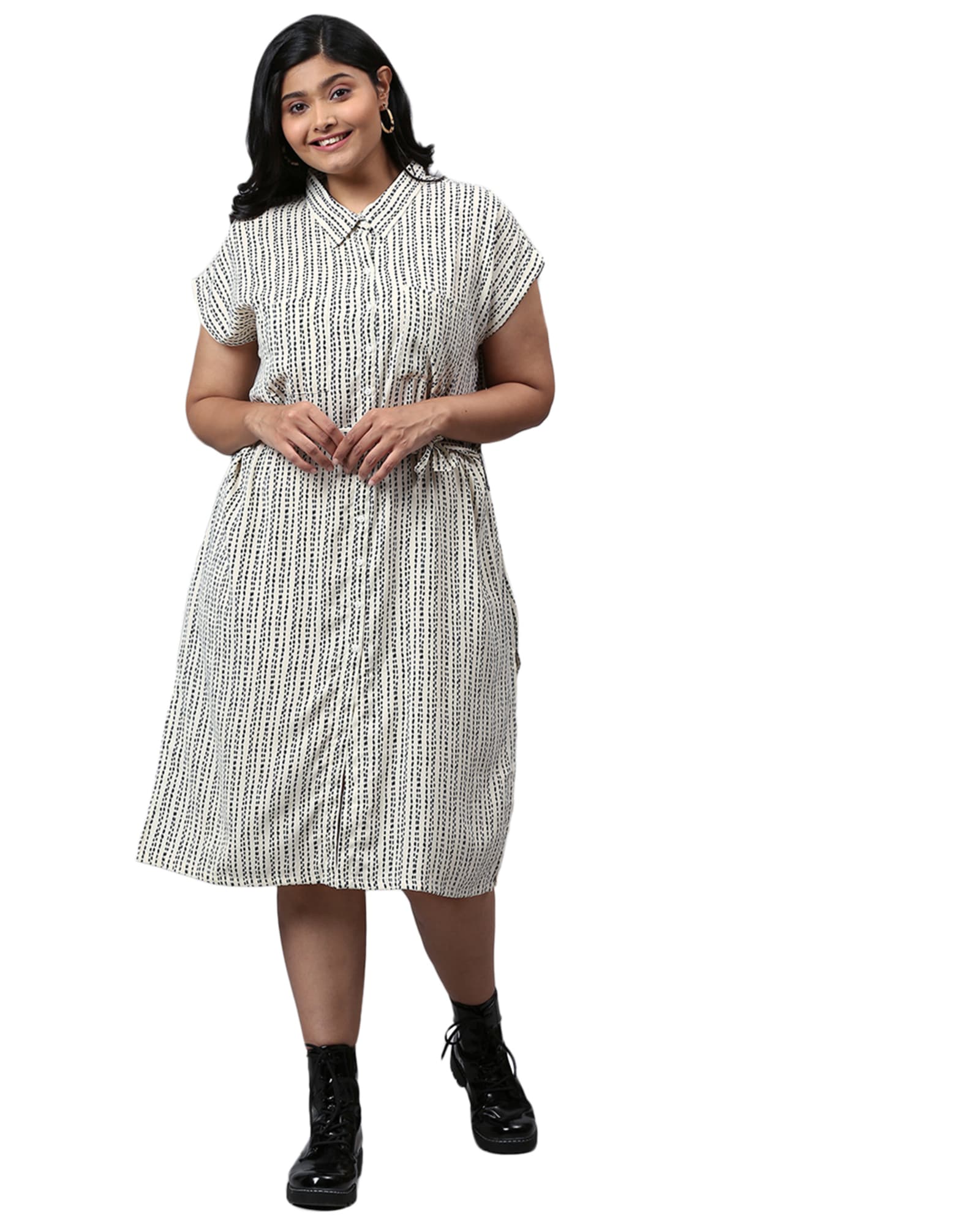 Striped Printed Front Button Dress | Cream