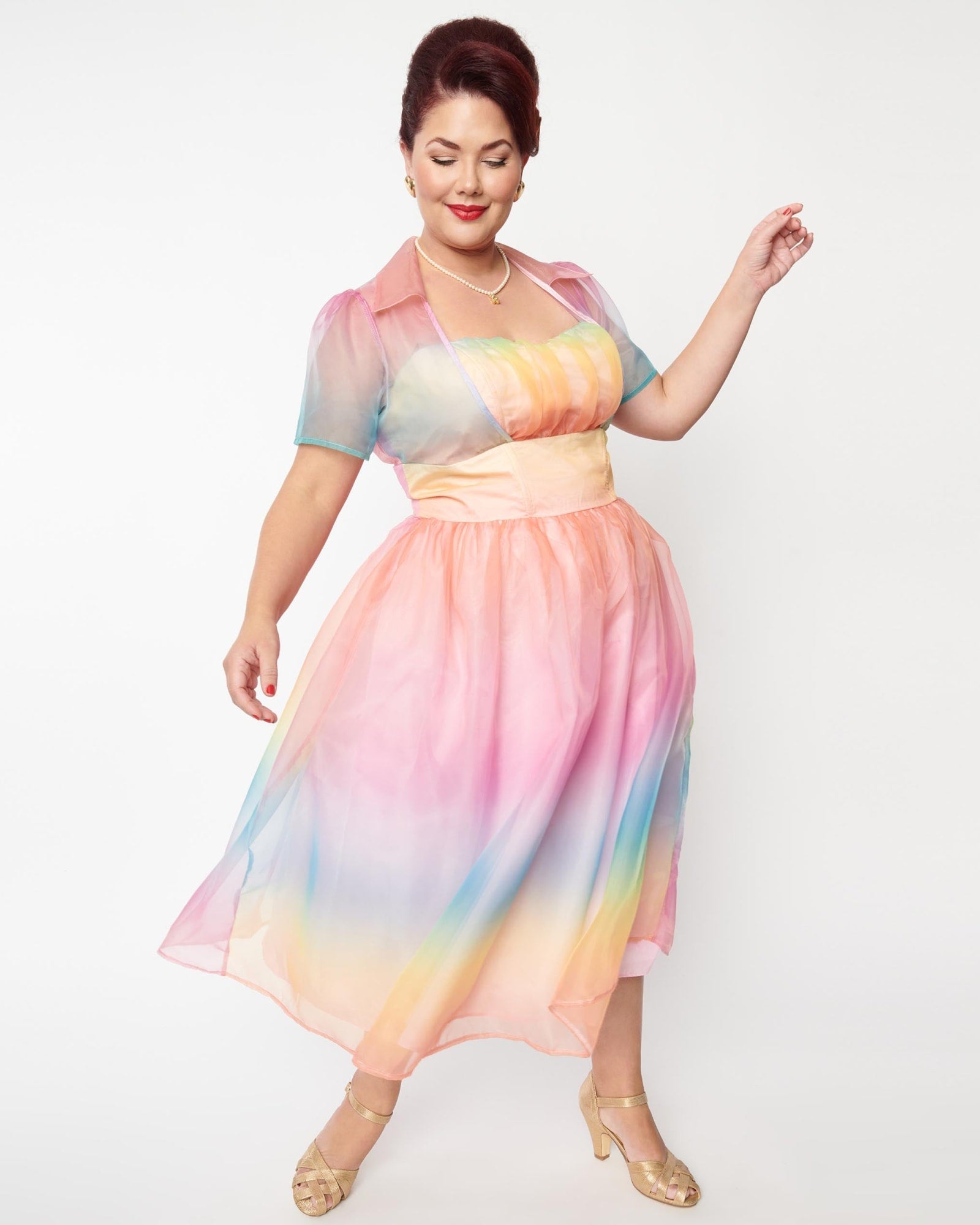 Unique Vintage Plus Size Pastel Rainbow Ombre Libby Swing Dress | Rainbow