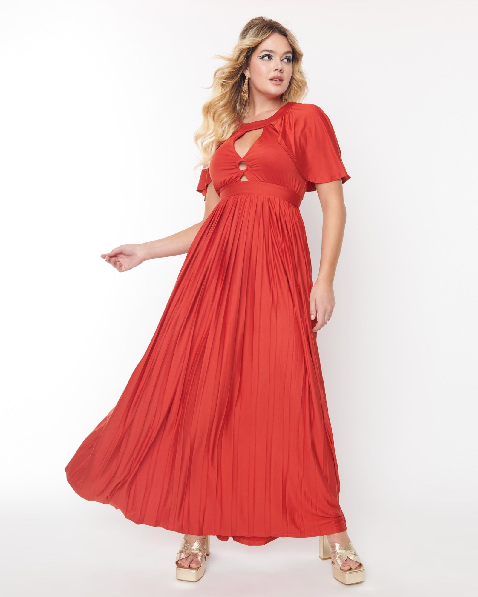 Smak Parlour Rust Red Pleated Cape Maxi Dress | Red