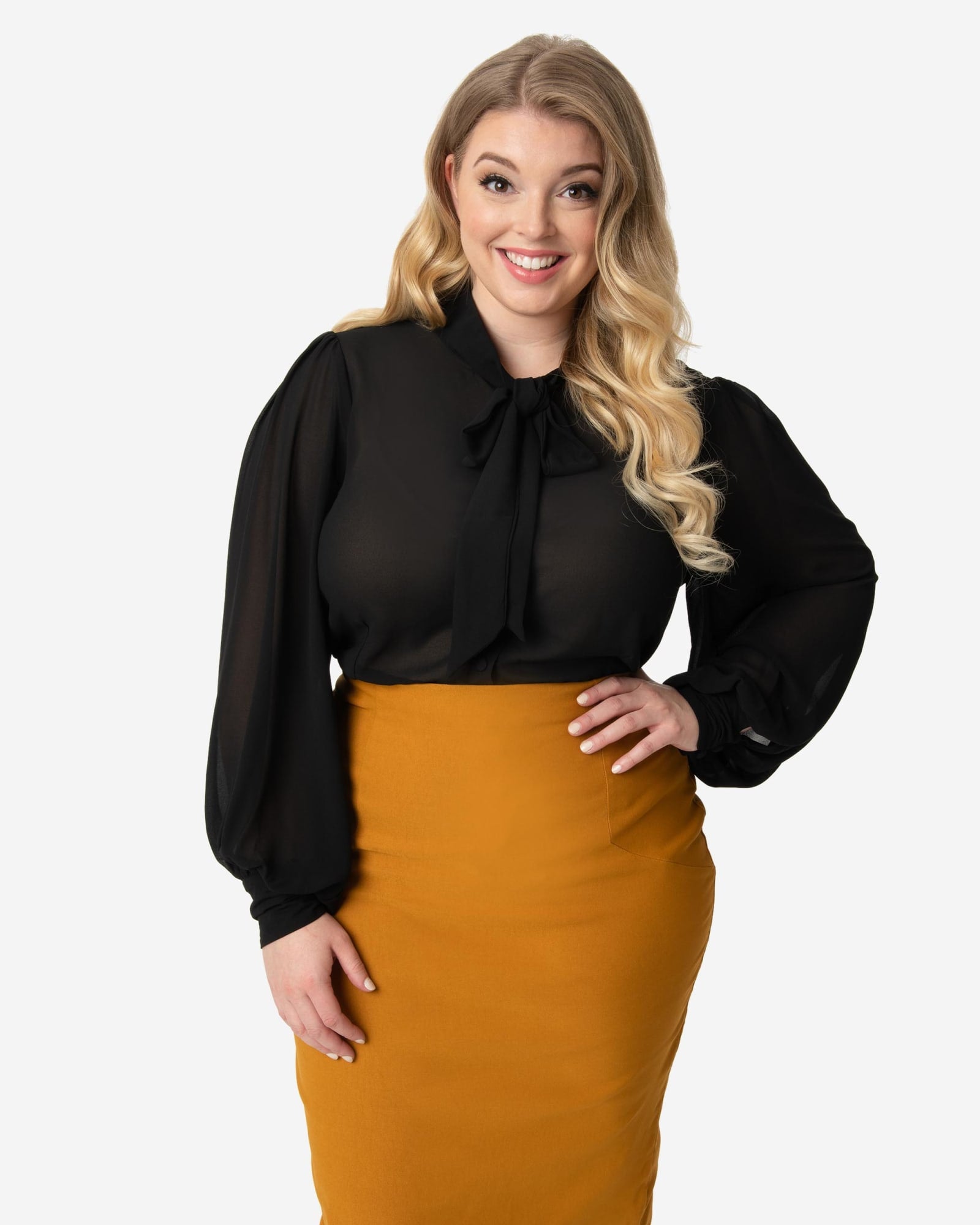 Unique Vintage Plus Size Black Neck Tie Gwen Blouse | Black