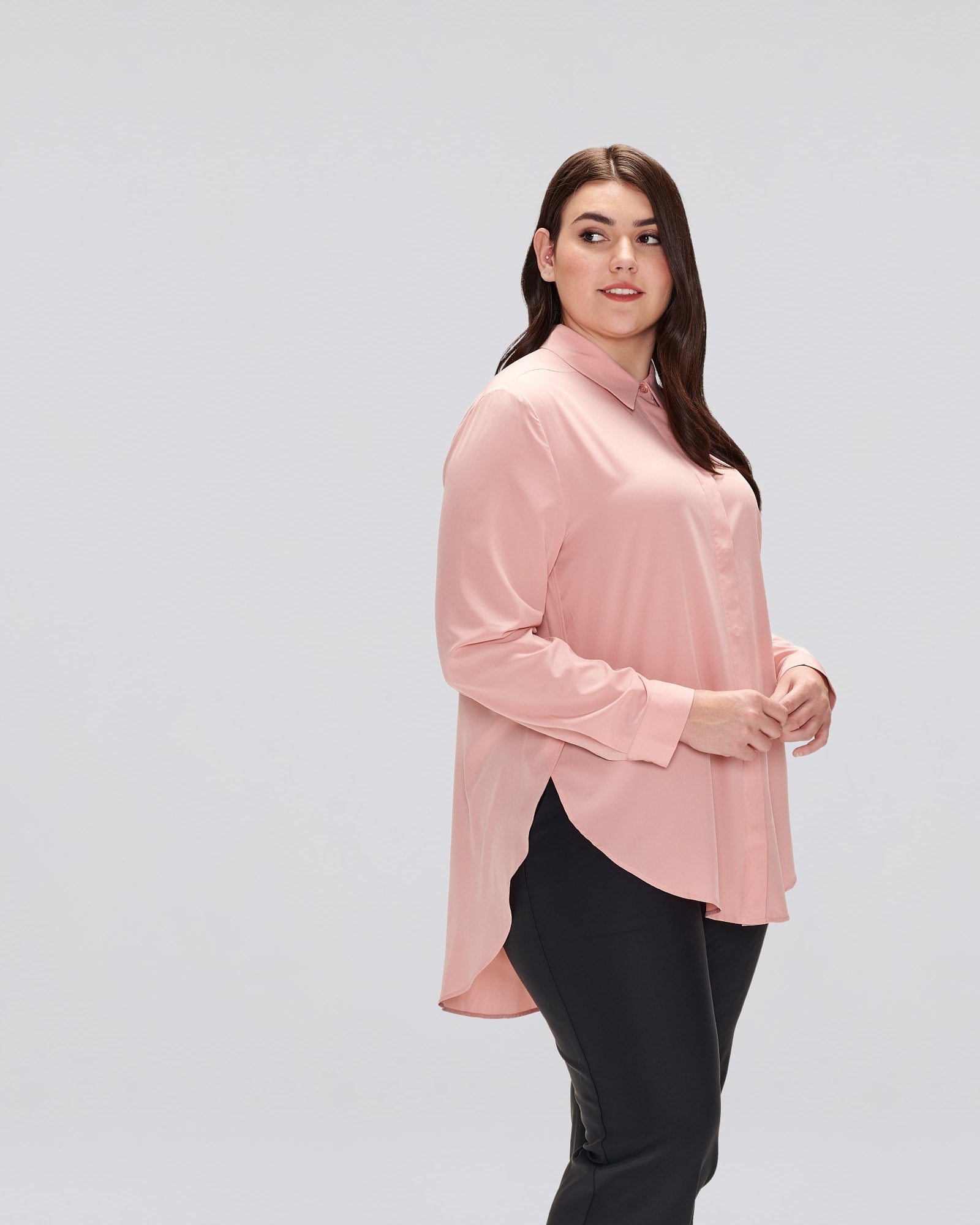 Plus Size Woven Long Sleeve With Side Slits Blouses