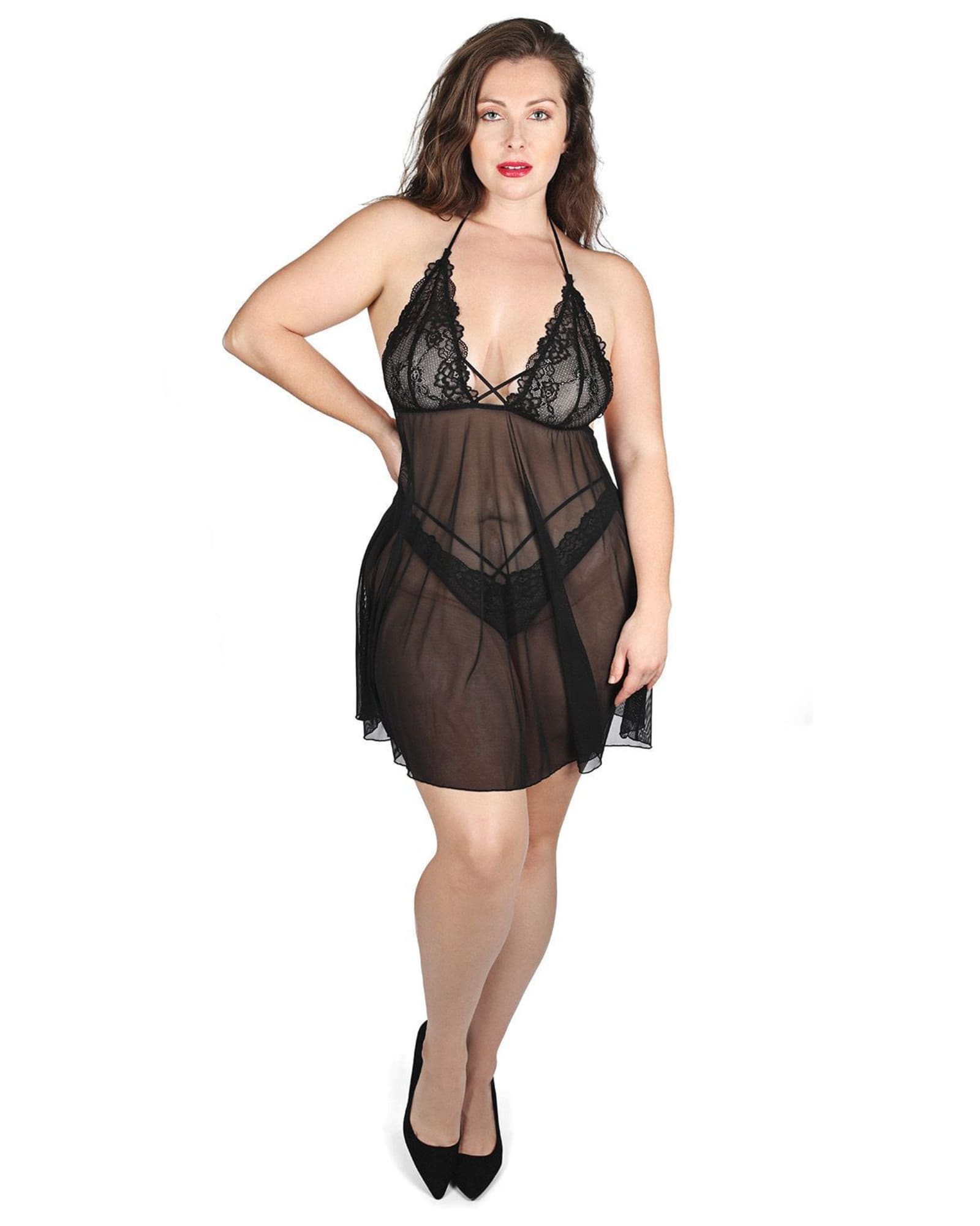 Women's Clarisse Floral Lace Sheer Babydoll Chemise Set | Black