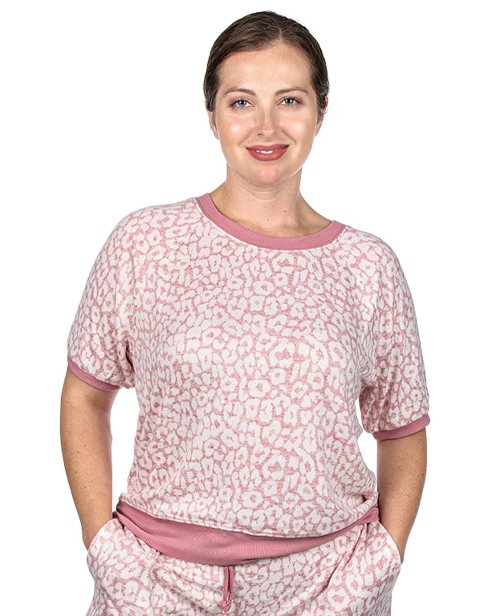 Women's Pink Leopard Print Short Sleeve Sweatshirt | Pink