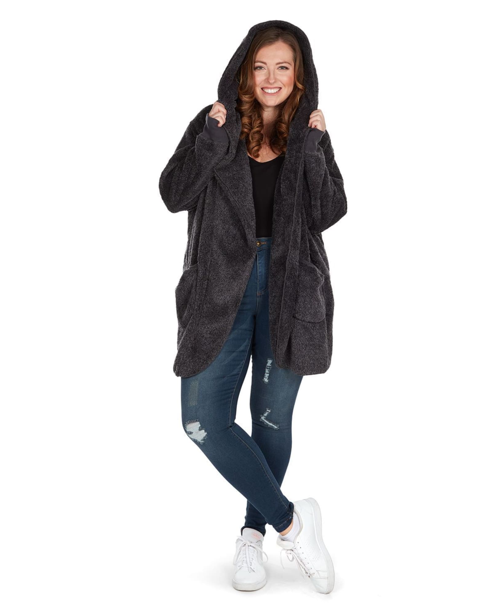 Women's Marled Plush Hooded Lounge Sweater with Shawl Collar | Charcoal
