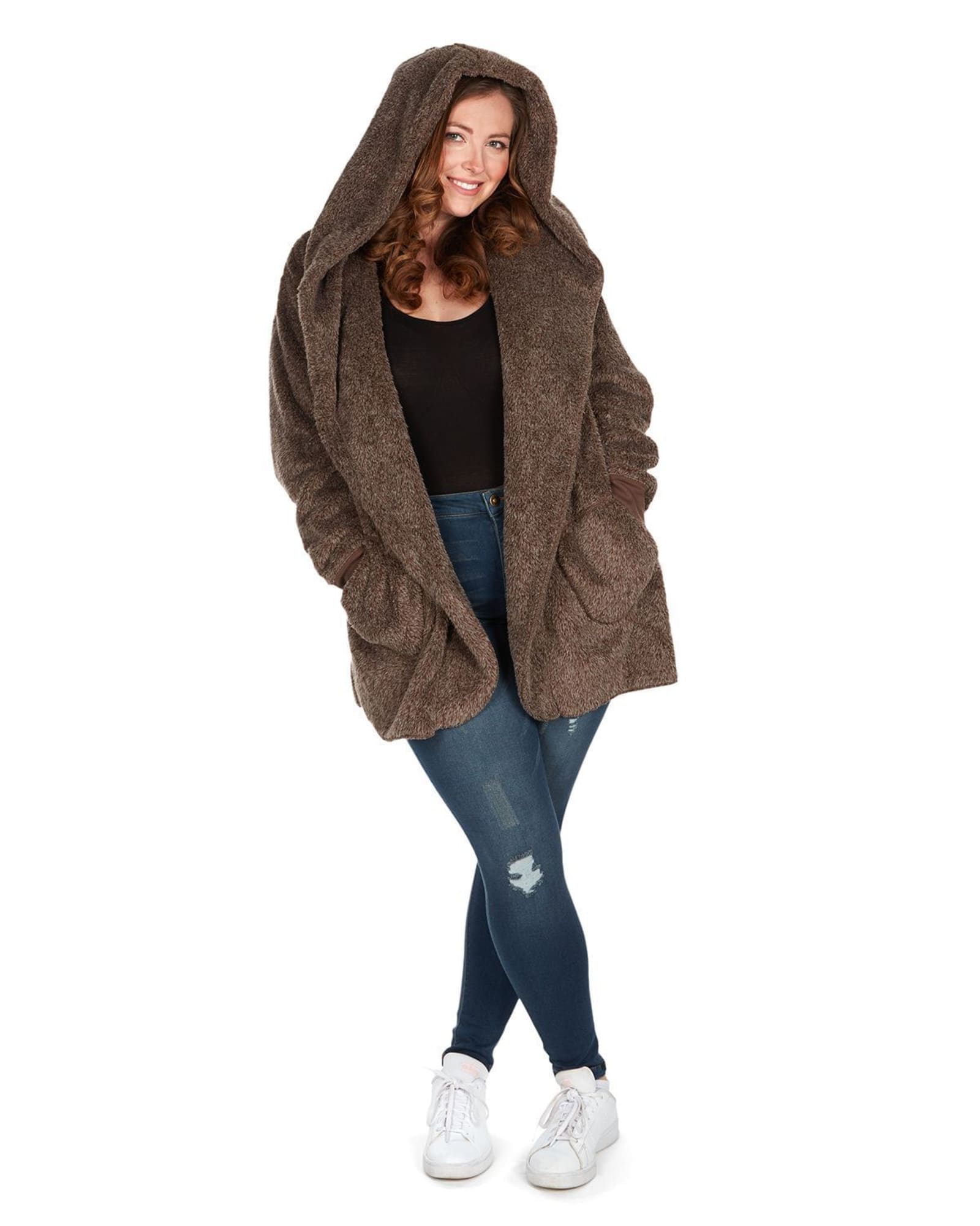 Women's Marled Plush Hooded Lounge Sweater with Shawl Collar | Pebble Brown