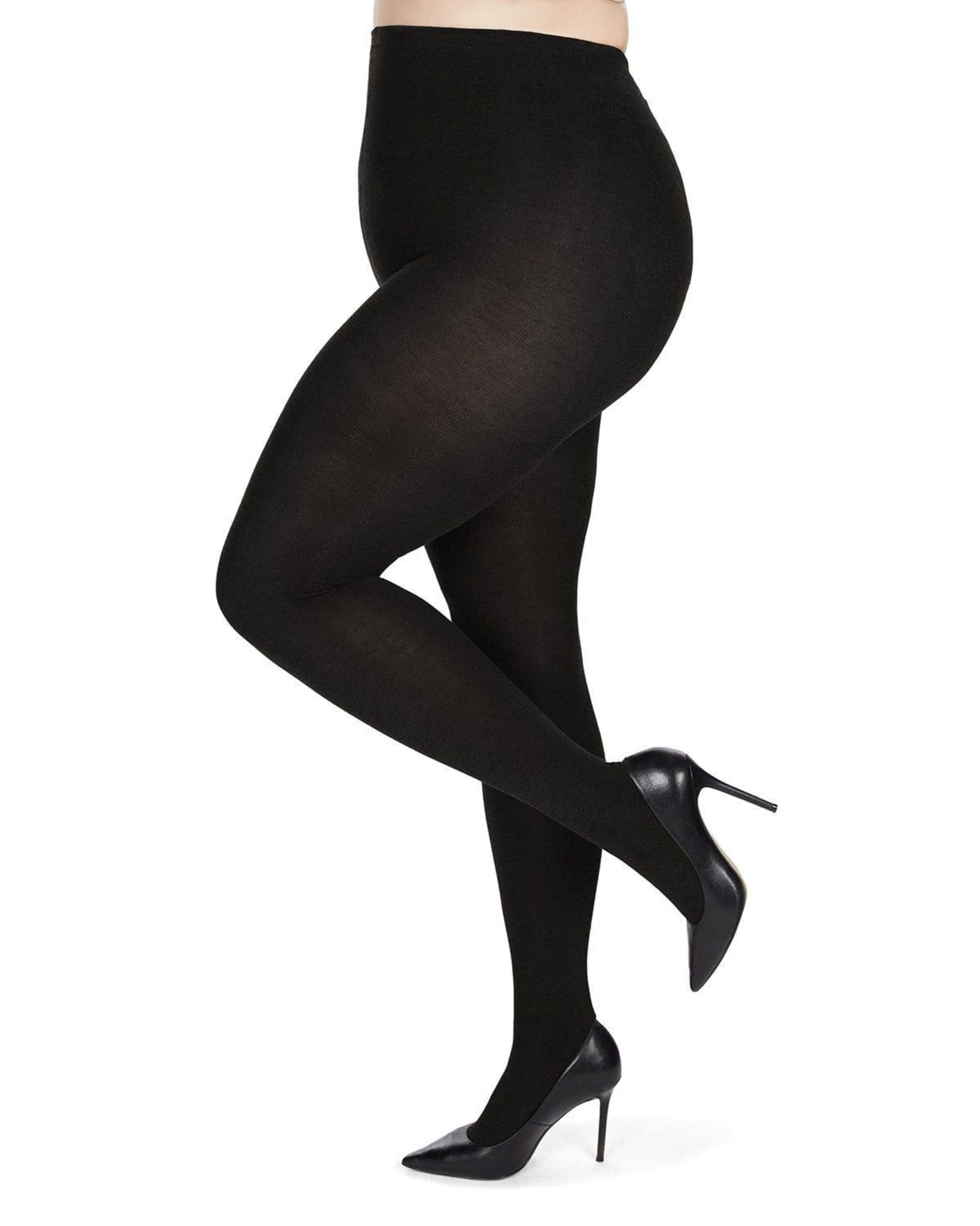 Women's Queen Size Extra Wide Basic Nylon Ribbed Tights | Black