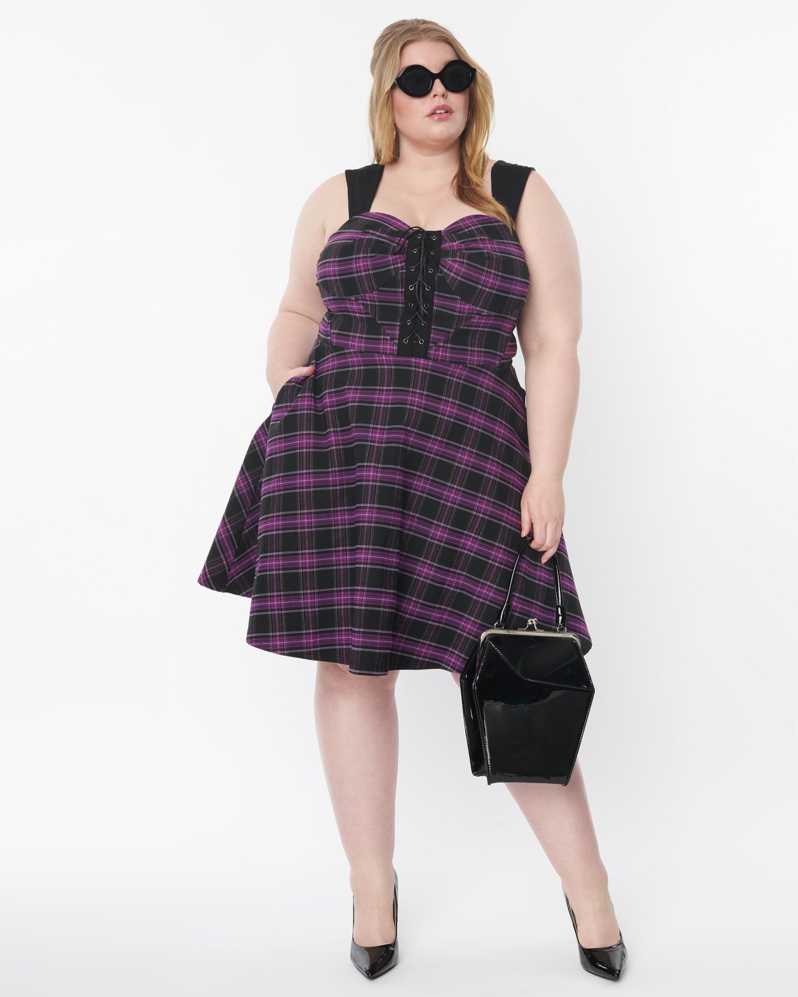 Unique Vintage Plus Size Purple Plaid Corset Flare Dress | Purple