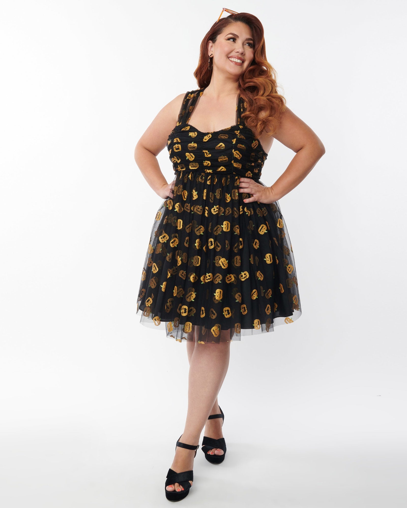 Unique Vintage Plus Size Black & Pumpkin Print Babydoll Dress | Black