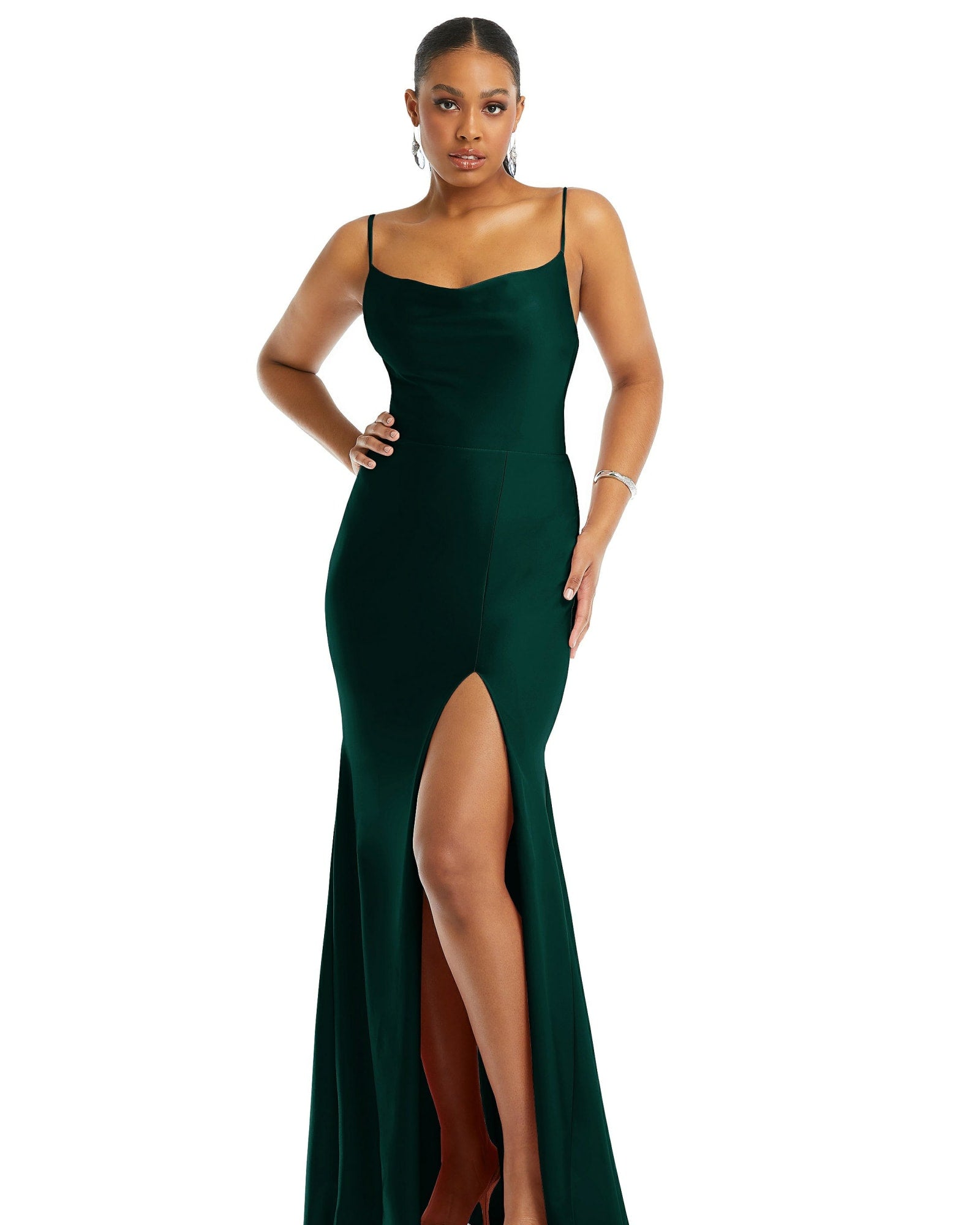 Cowl-Neck Open Tie-Back Stretch Satin Mermaid Dress with Slight Train | Evergreen