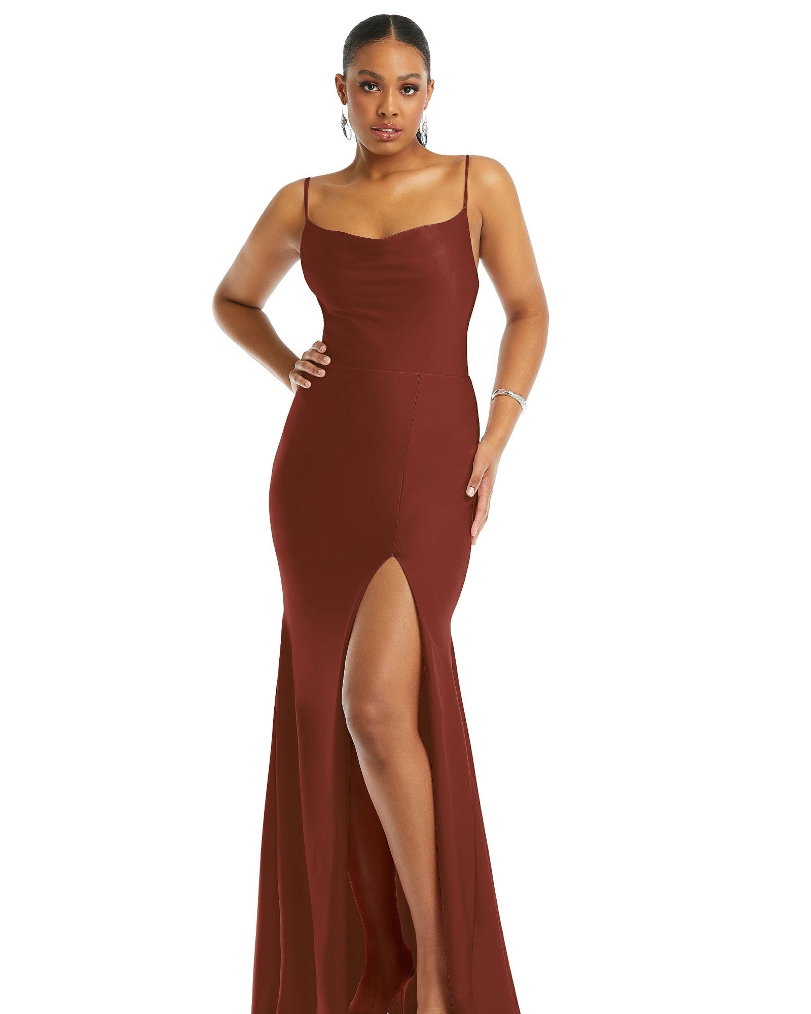 Cowl-Neck Open Tie-Back Stretch Satin Mermaid Dress with Slight Train | Auburn Moon