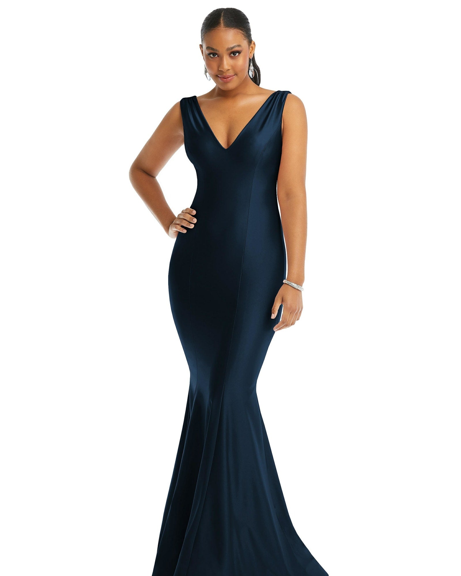 Shirred Shoulder Stretch Satin Mermaid Dress with Slight Train | Midnight Navy