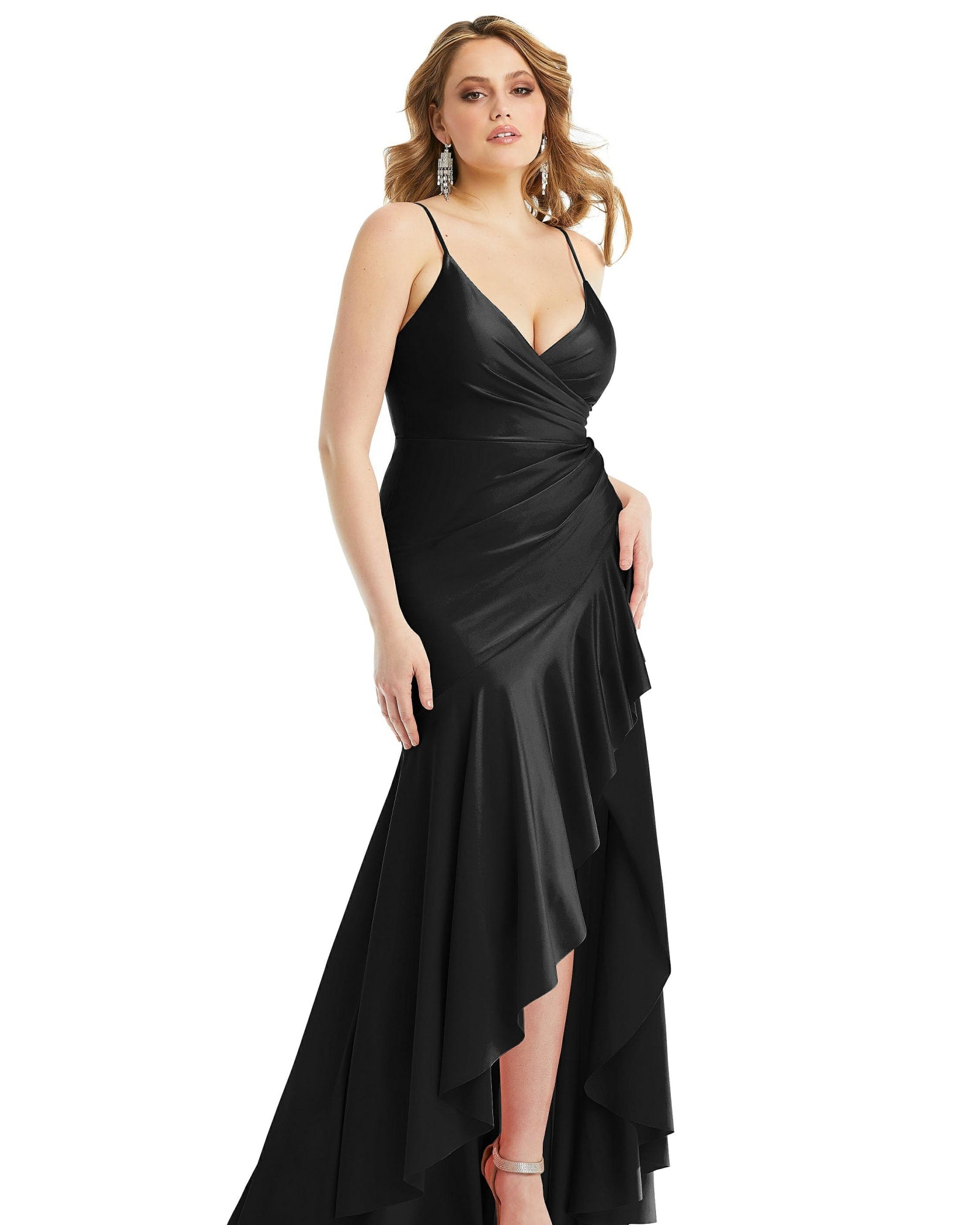 Pleated Wrap Ruffled High Low Stretch Satin Gown with Slight Train | Black