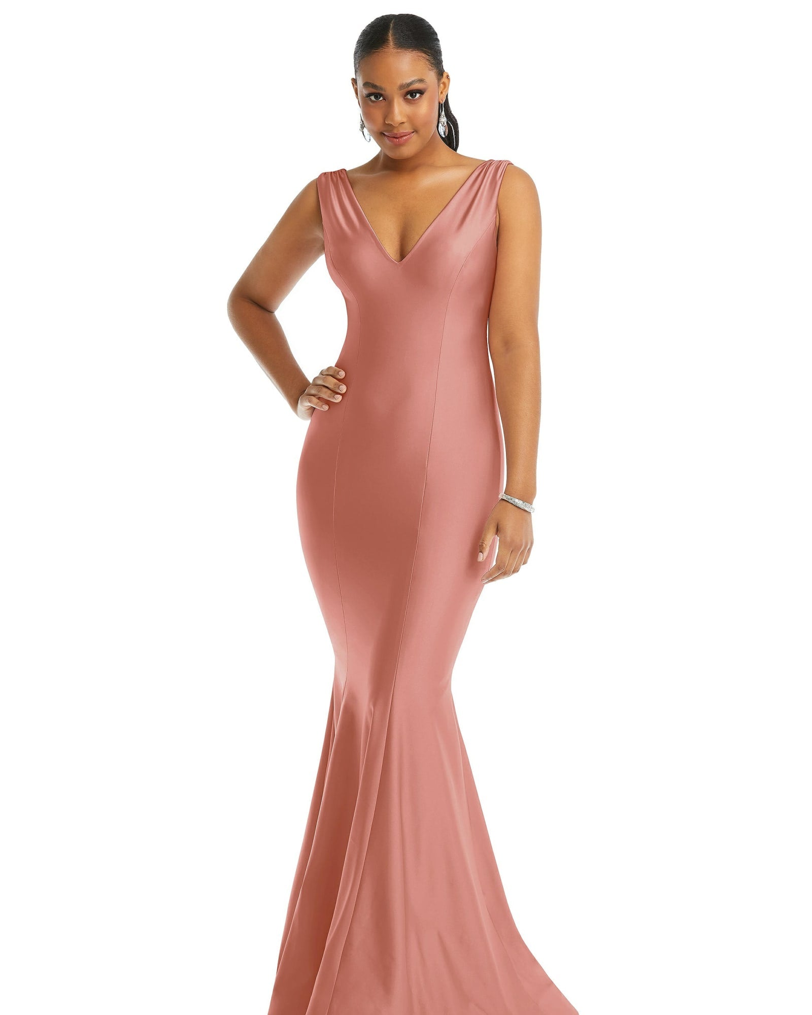 Shirred Shoulder Stretch Satin Mermaid Dress with Slight Train | Desert Rose