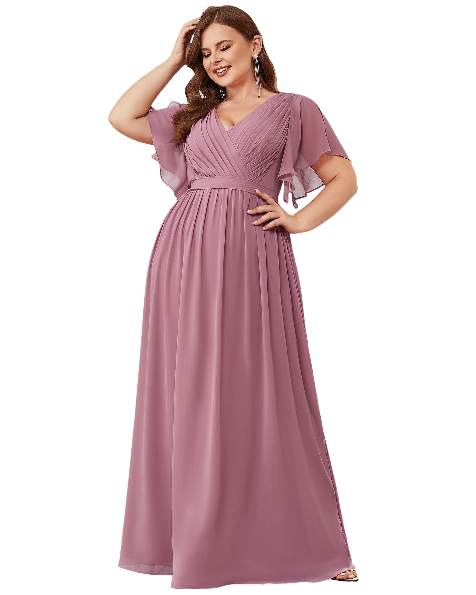 Plus Size Ruffle Pleated Chiffon Tie-Waist Evening Dress