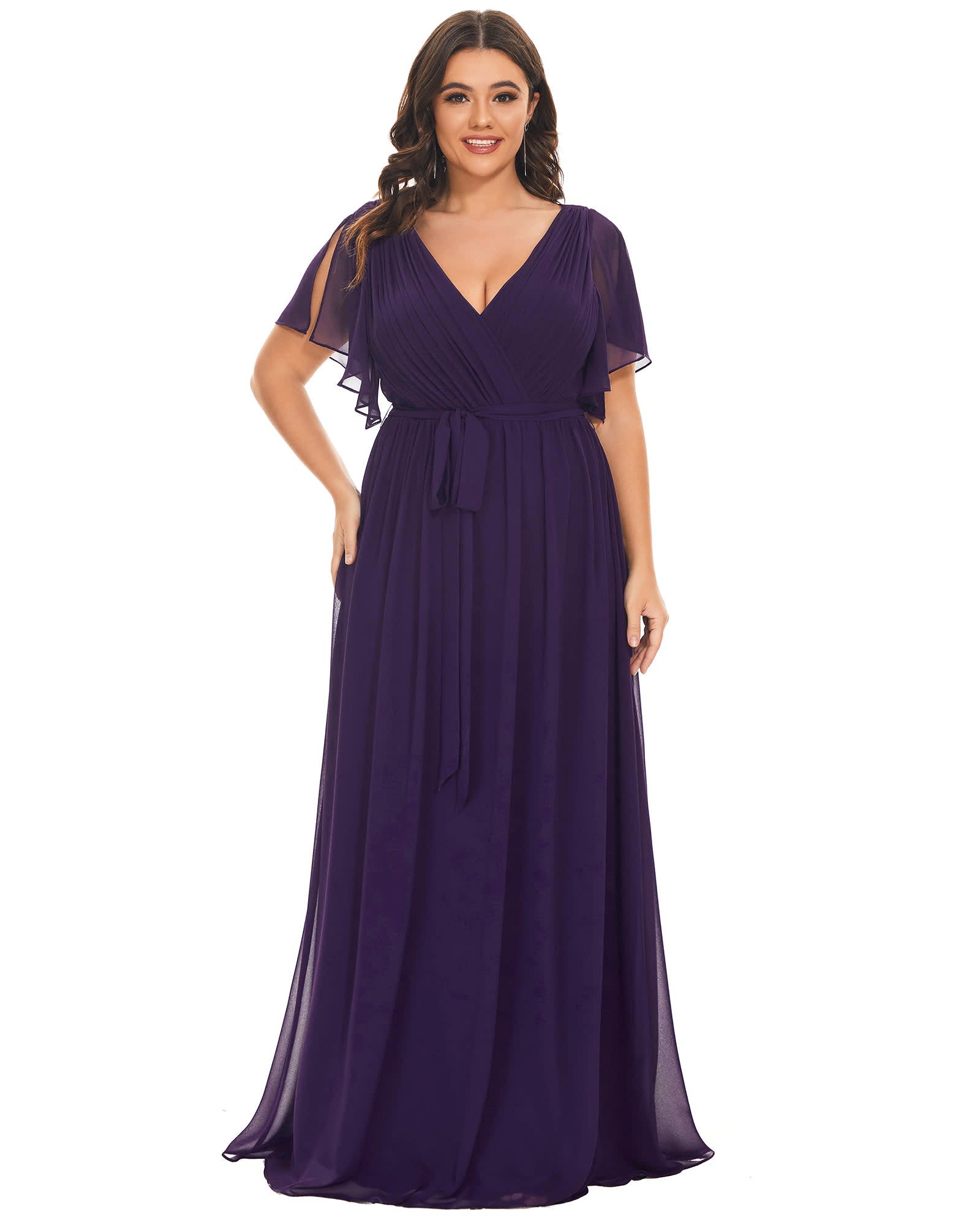 A-Line Pleated Chiffon Tie-Waist Evening Dress | Dark Purple