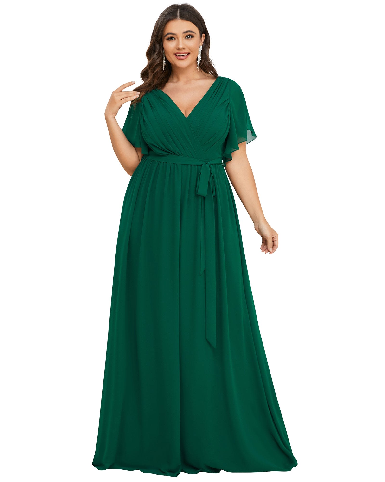 A-Line Pleated Chiffon Tie-Waist Evening Dress | Dark Green