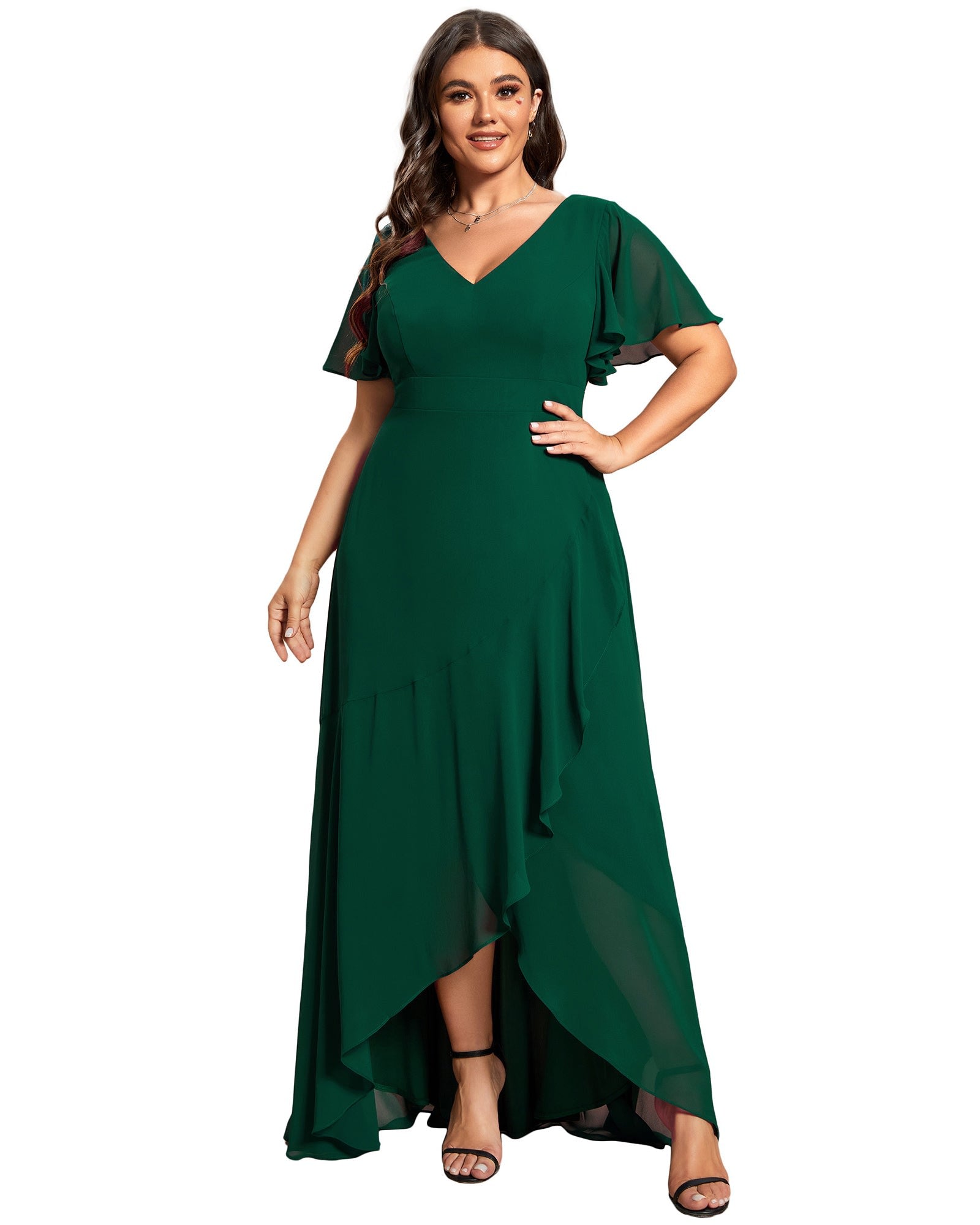 Charming Chiffon Bridesmaid Dress with Lotus Leaf Hemline | Dark Green
