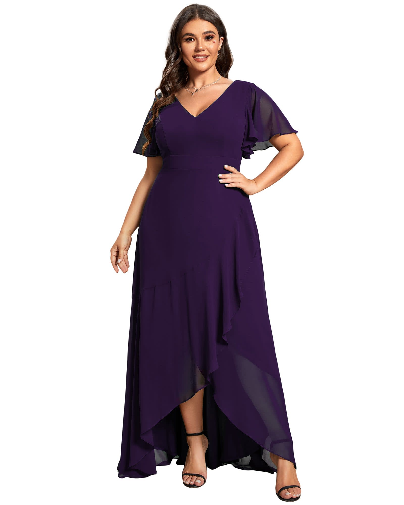 Charming Chiffon Bridesmaid Dress with Lotus Leaf Hemline | Dark Purple