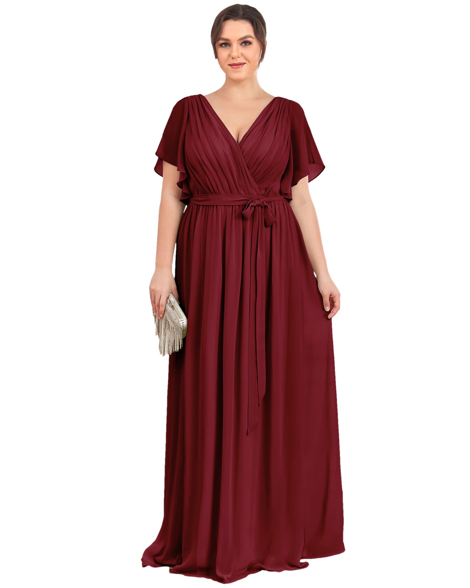 A-Line Pleated Chiffon Tie-Waist Evening Dress | Burgundy
