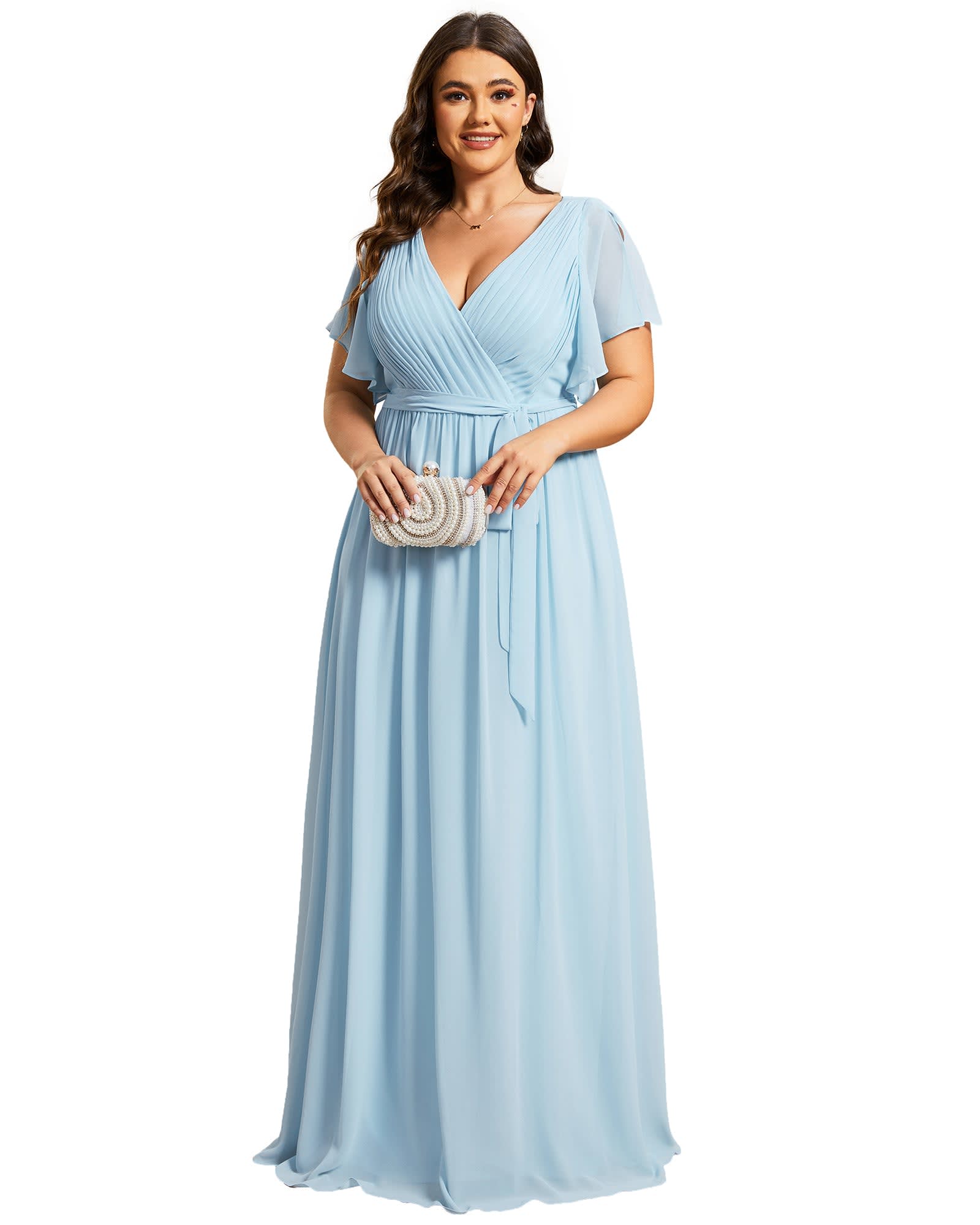 A-Line Pleated Chiffon Tie-Waist Evening Dress | Sky Blue
