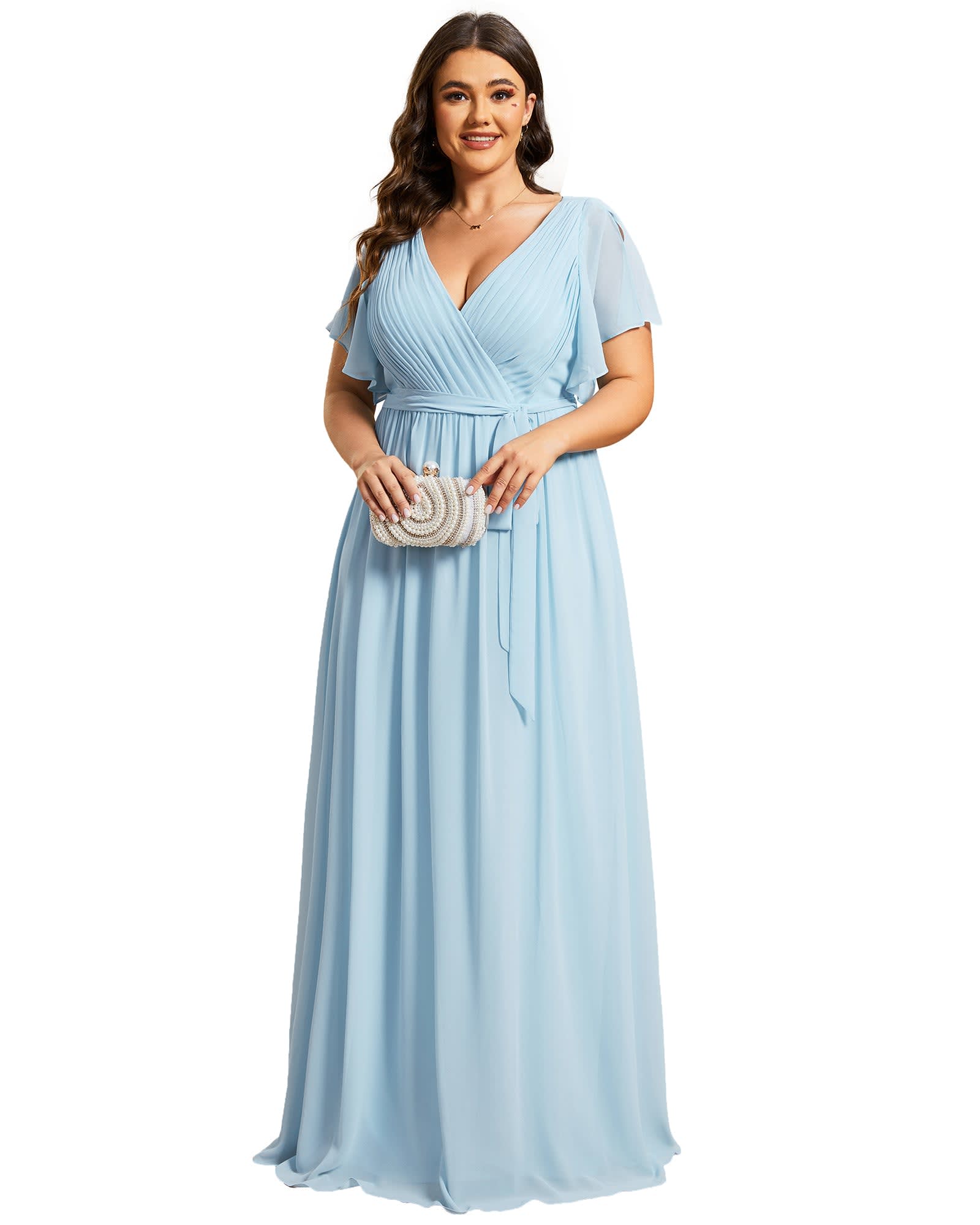 Plus Size Ruffle Pleated Chiffon Tie-Waist Evening Dress