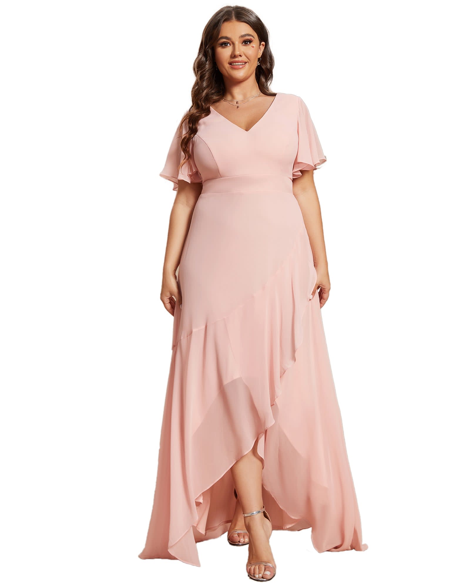 Charming Chiffon Bridesmaid Dress with Lotus Leaf Hemline | Pink