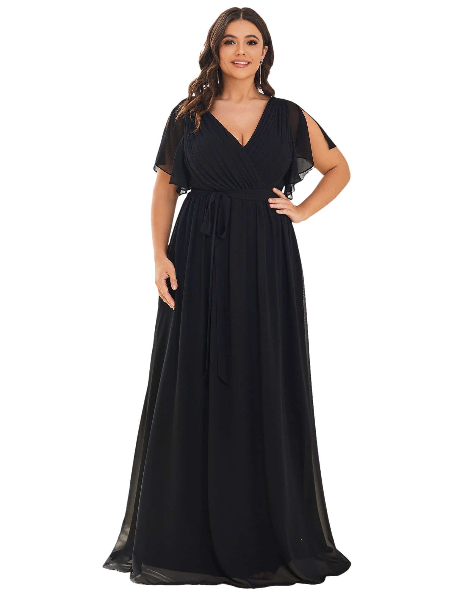 A-Line Pleated Chiffon Tie-Waist Evening Dress | Black