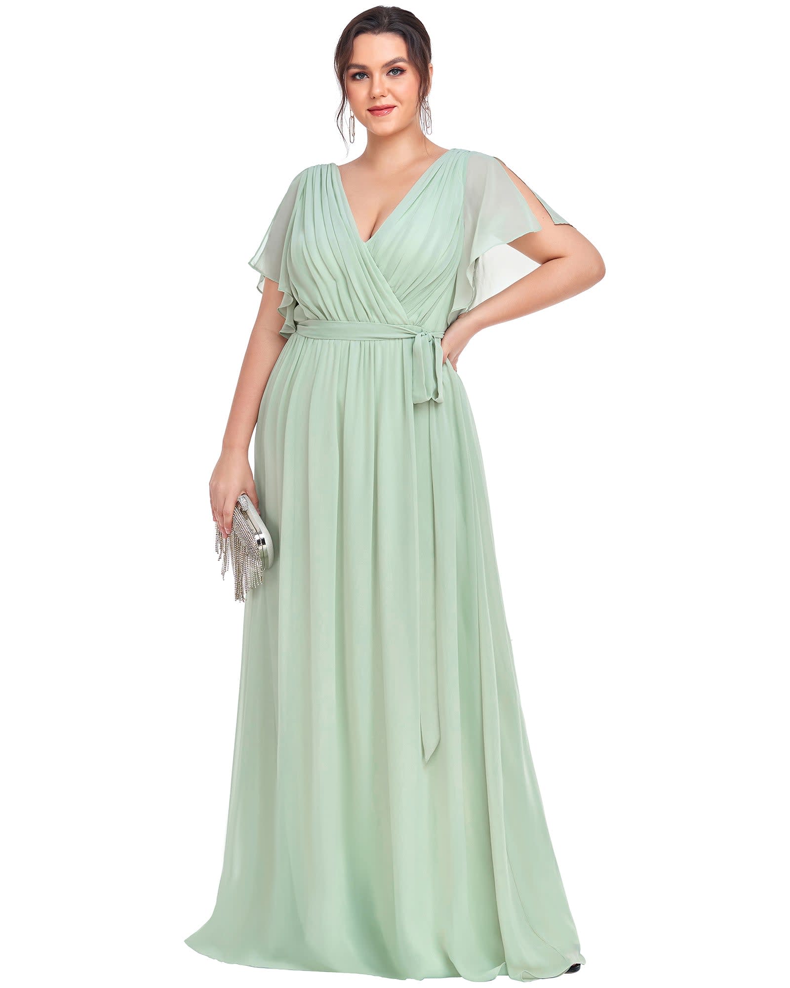 A-Line Pleated Chiffon Tie-Waist Evening Dress | Mint Green