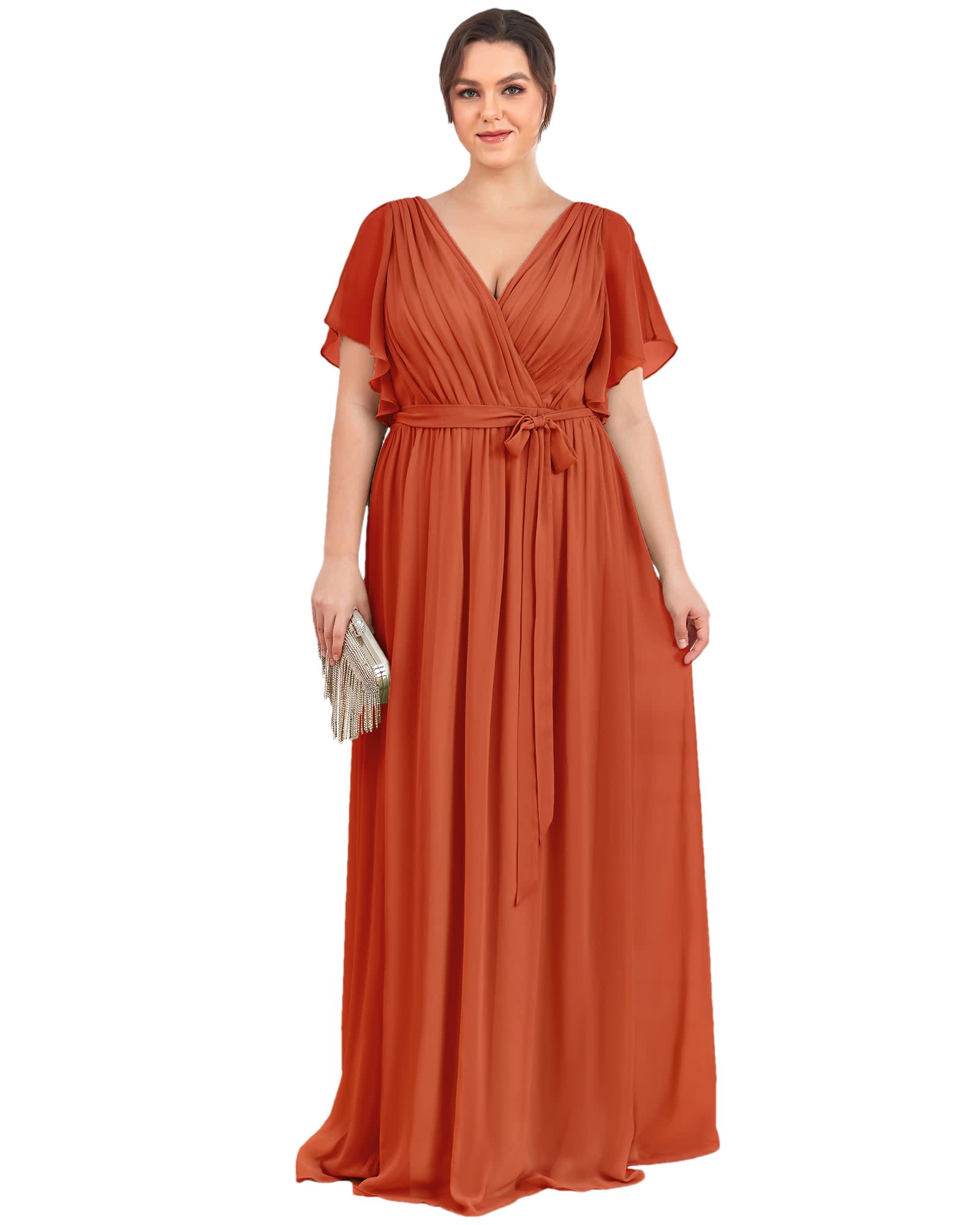 A-Line Pleated Chiffon Tie-Waist Evening Dress | Burnt Orange