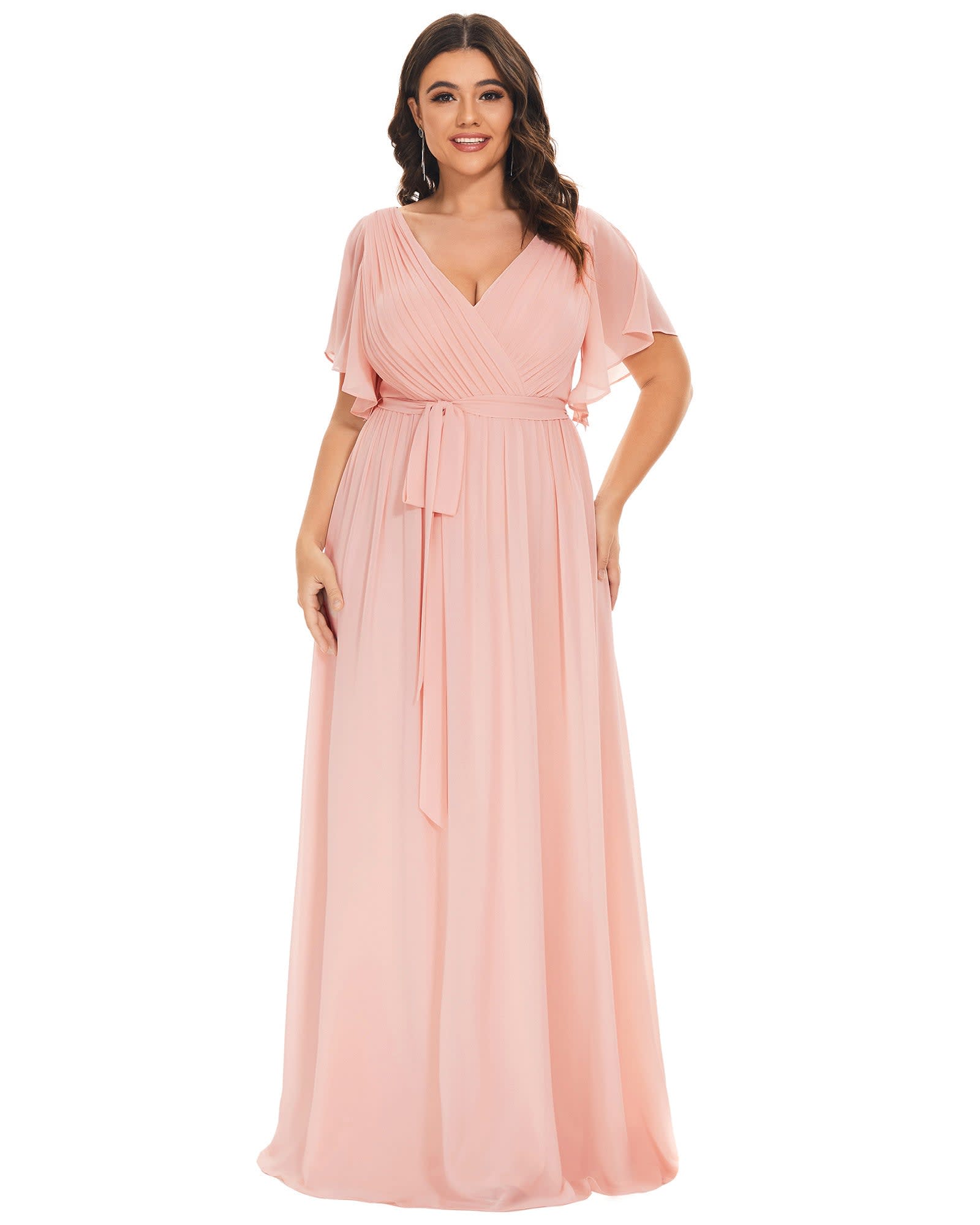 A-Line Pleated Chiffon Tie-Waist Evening Dress | Pink