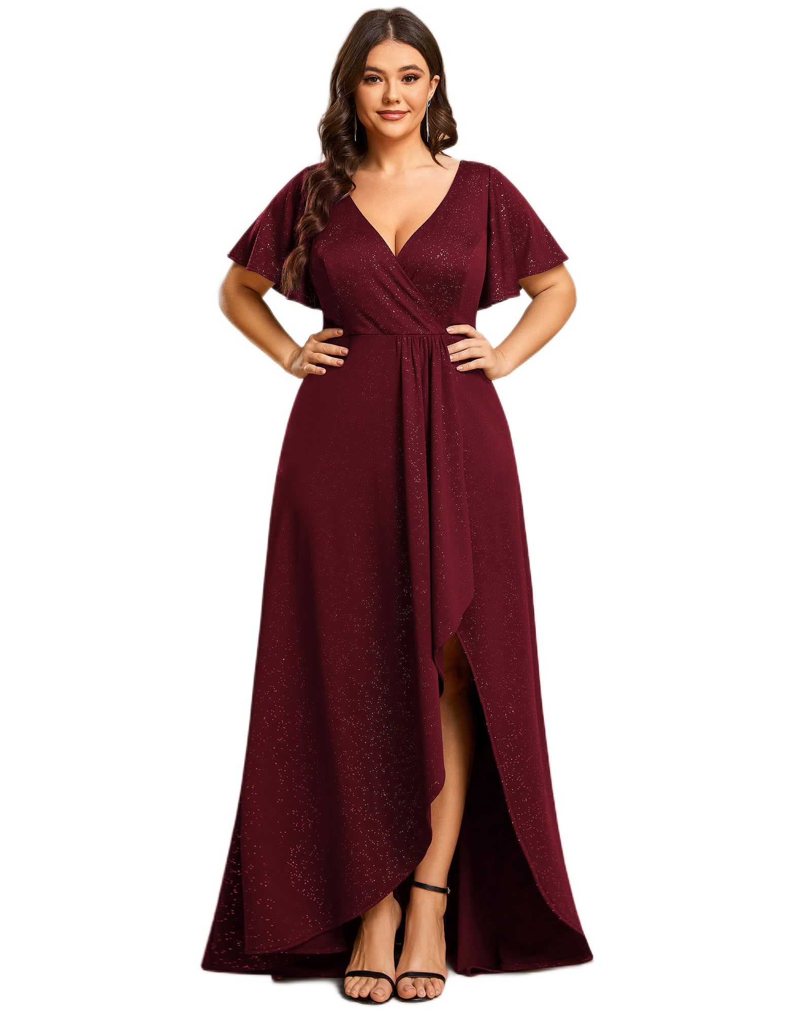 Glitter High-Low Front Side Slit Ruffled V-Neck Evening Dress | Burgundy