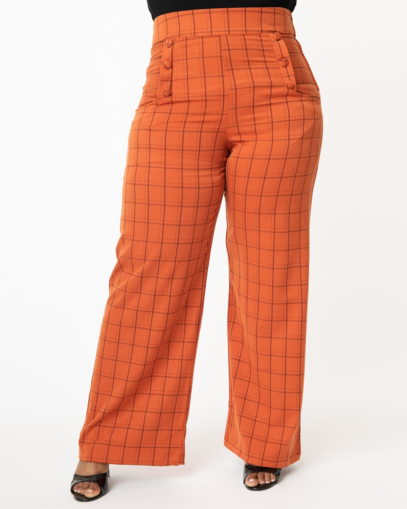 Unique Vintage Orange Windowpane High Waist Ginger Pants | Orange