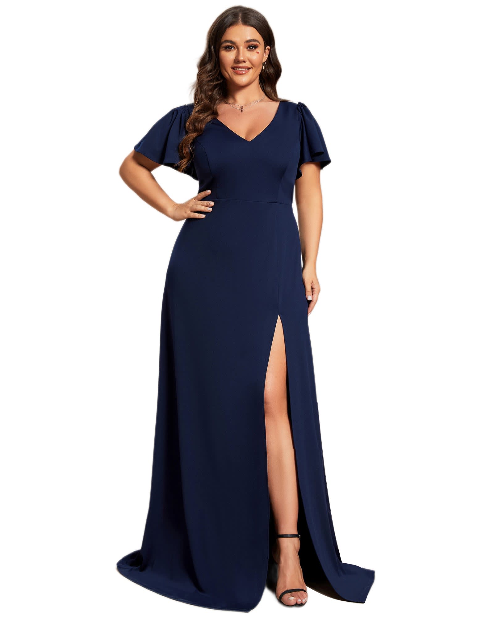 Ruffles Sleeve A-Line Front Slit Bridesmaid Dress | Navy Blue
